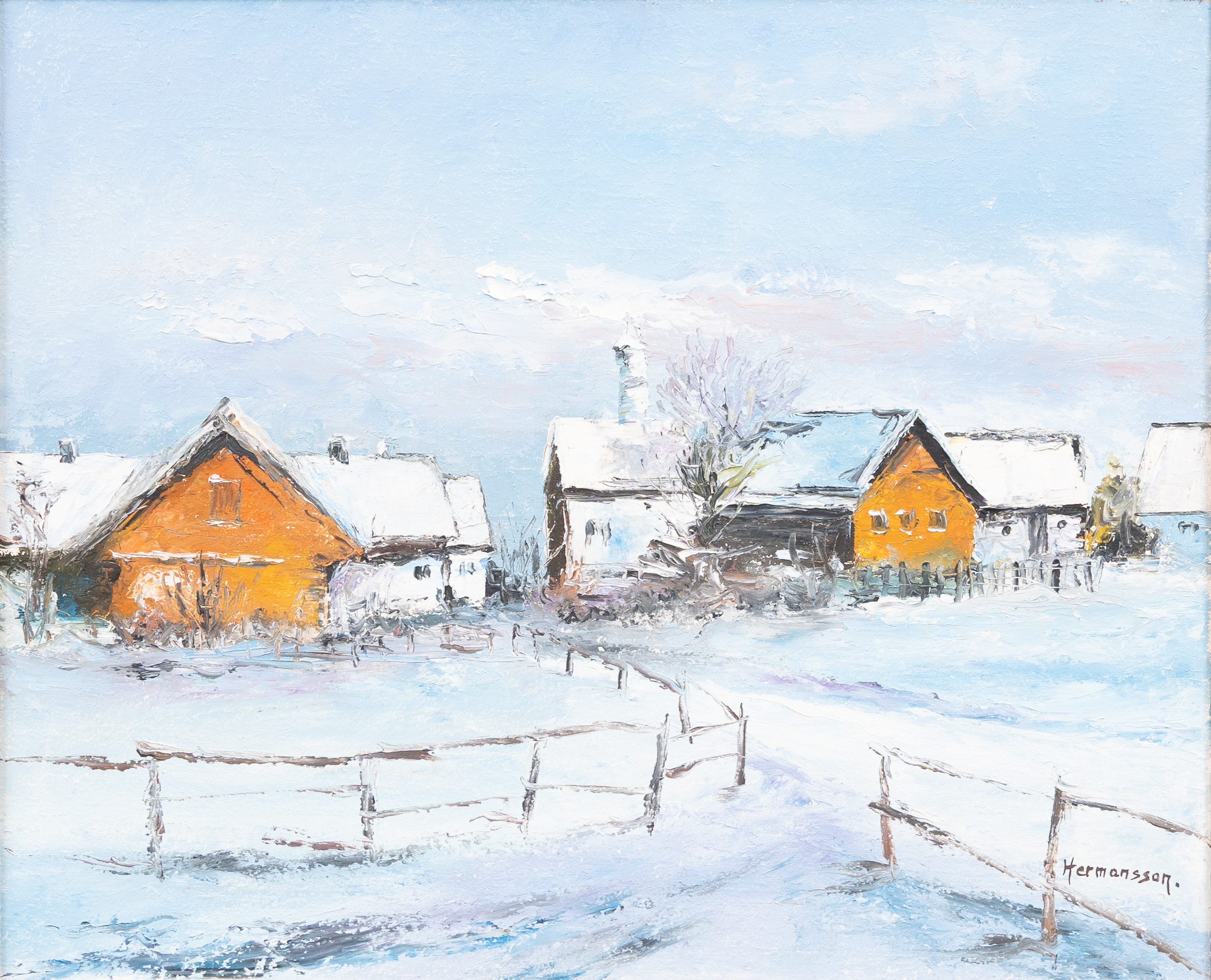 OIDENTIFIERAD KONSTNÄR. Gårdar i vinterlandskap, olja på duk, signerad Hermansson.