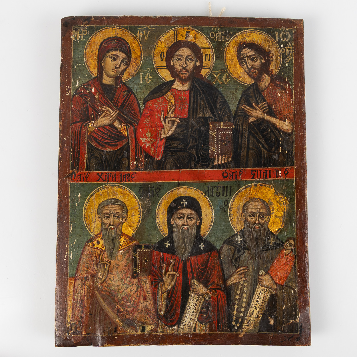 IKON, Grekland, tempera på pannå, 1800-tal, tvåfältsikon, varav övre delen med Maria, Jesus Kristus och Johannes Döparen samt nedre fältet med helgon.