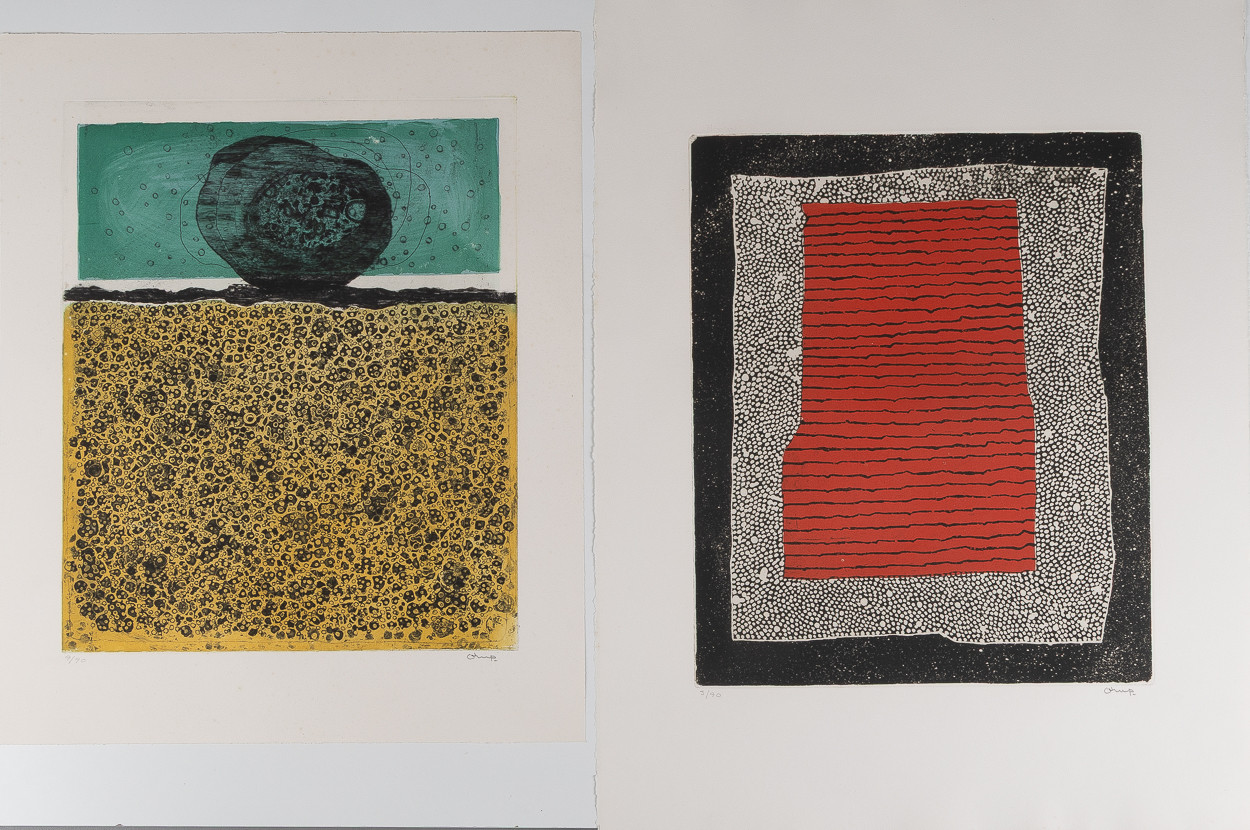 BENGT ORUP. Kompositioner, 2 stycken, etsningar, oramade blad.