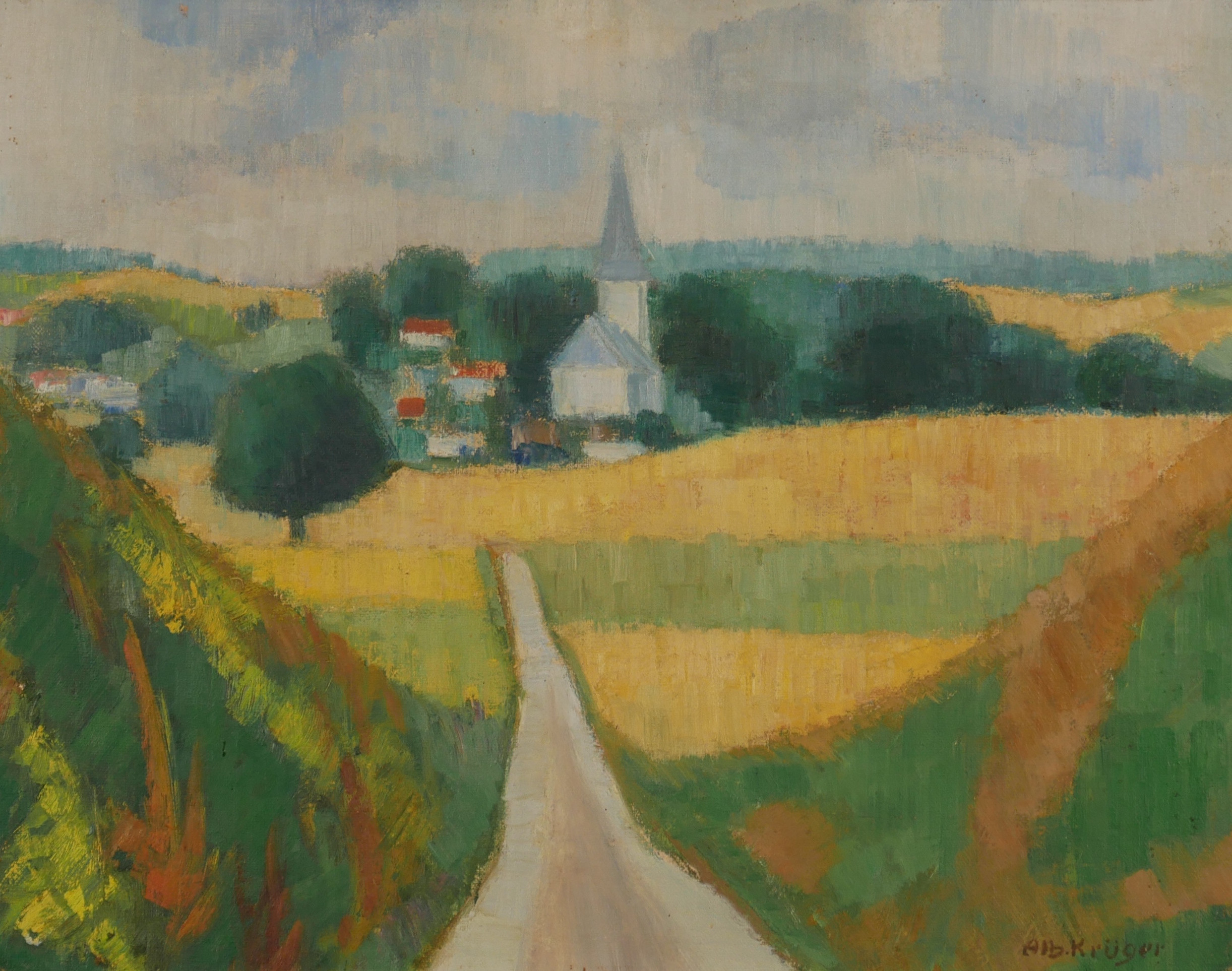 ALBERT KRÜGER. Valleberga kyrka, olja på pannå, signerad Alb. Krüger.