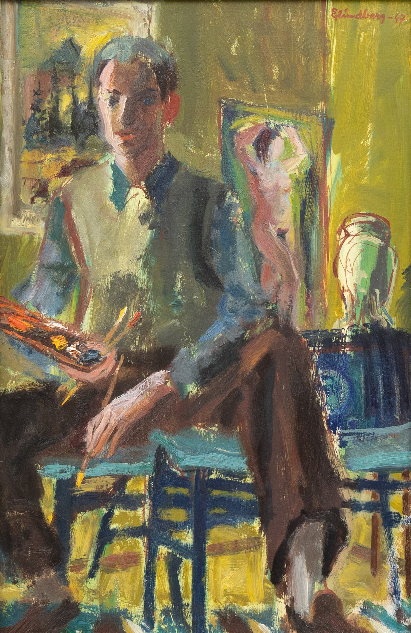 EINAR LINDBERG (1916-1993). Konstnären i sin atelje, olja på pannå, signerad och daterad -47.