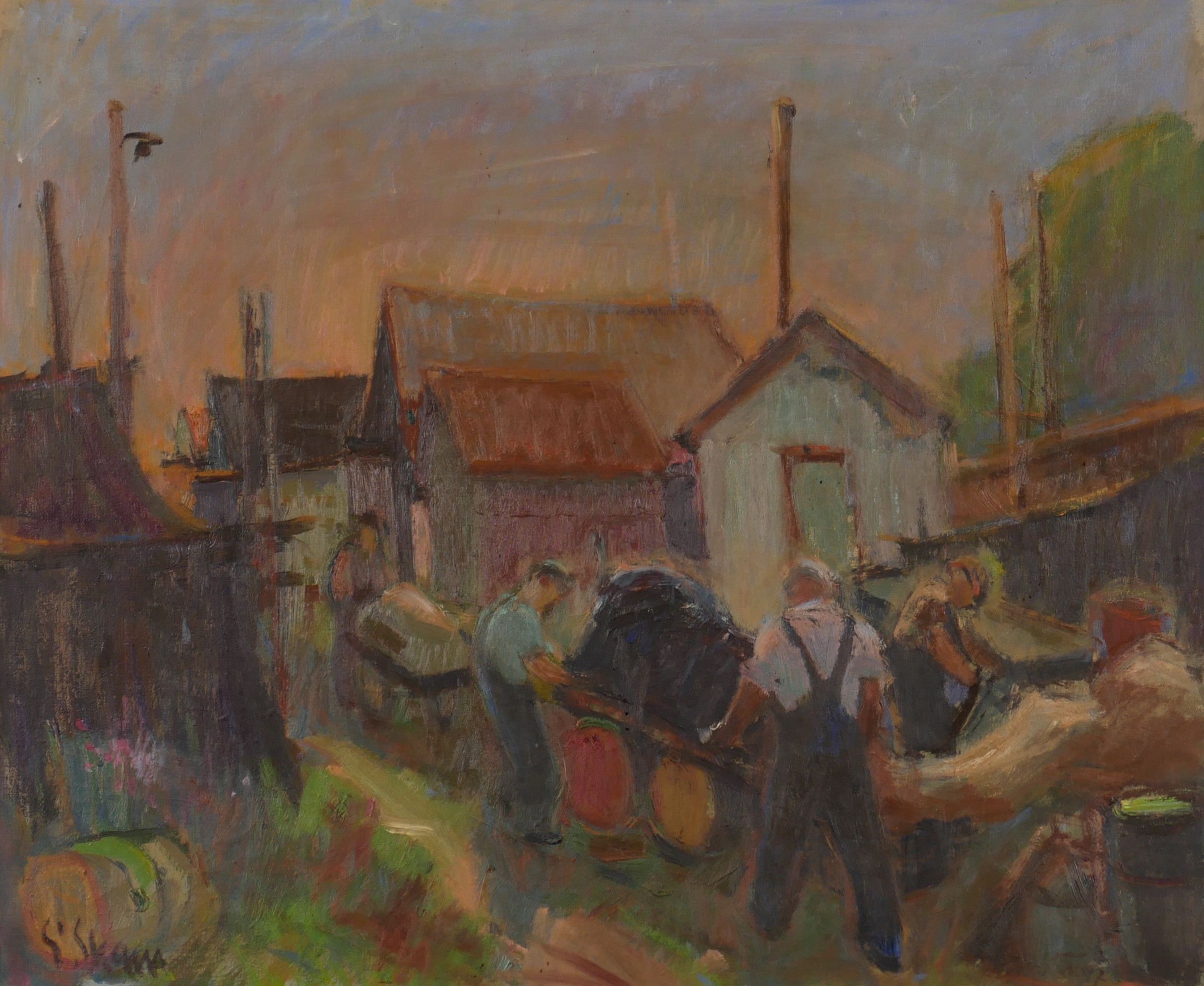ESKIL SKANS. Hamnscen, olja på duk, signerad.