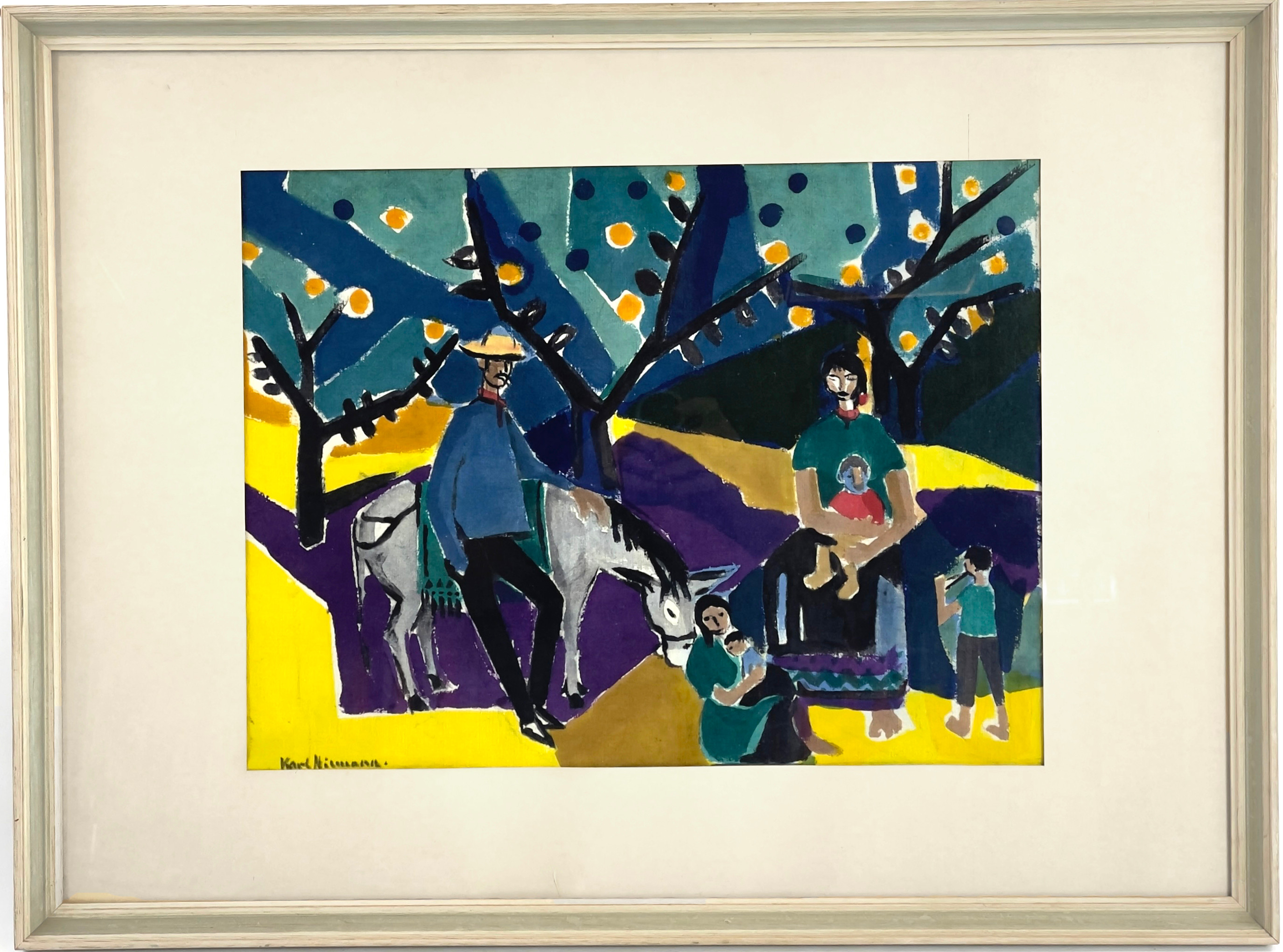 KARL NIEMANN (1908-1982), tygmålning, figurer med åsna, signerad.