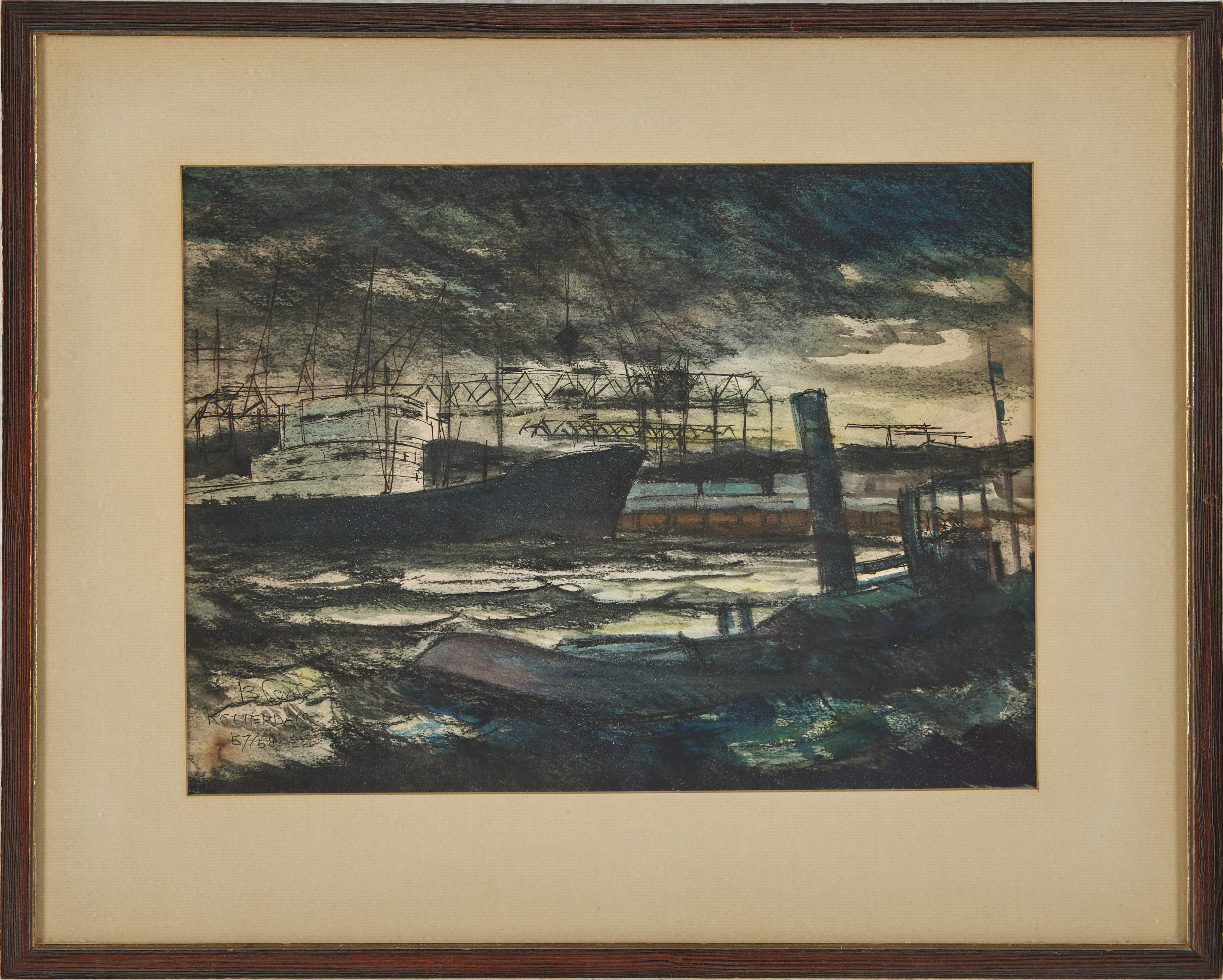 OIDENTIFIERAD KONSTNÄR (Nederländerna 1900-tal) Rotterdams hamn, signerad och daterad 57/58.