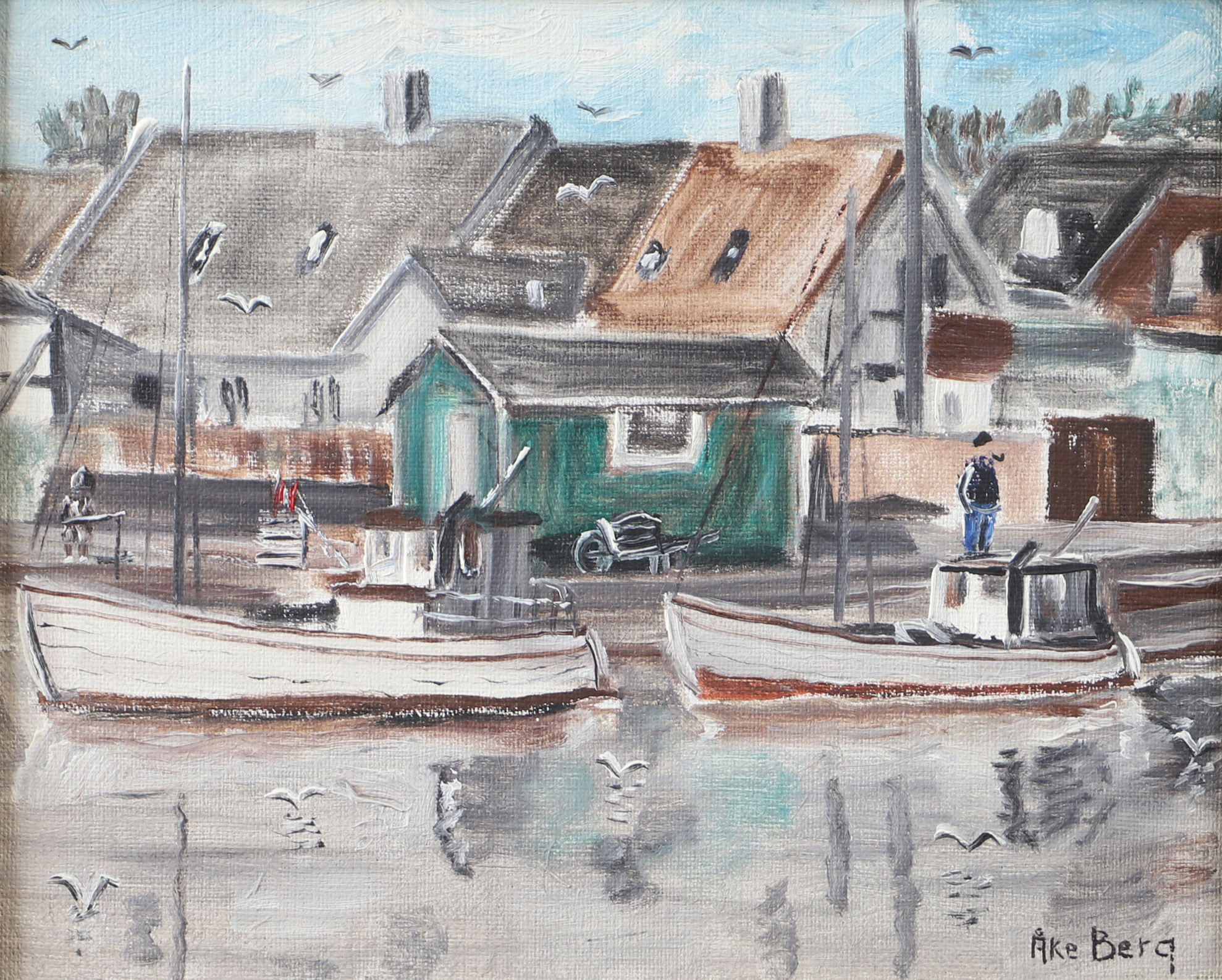 ÅKE BERG. "Hamnen i Råå", olja på duk, signerad.