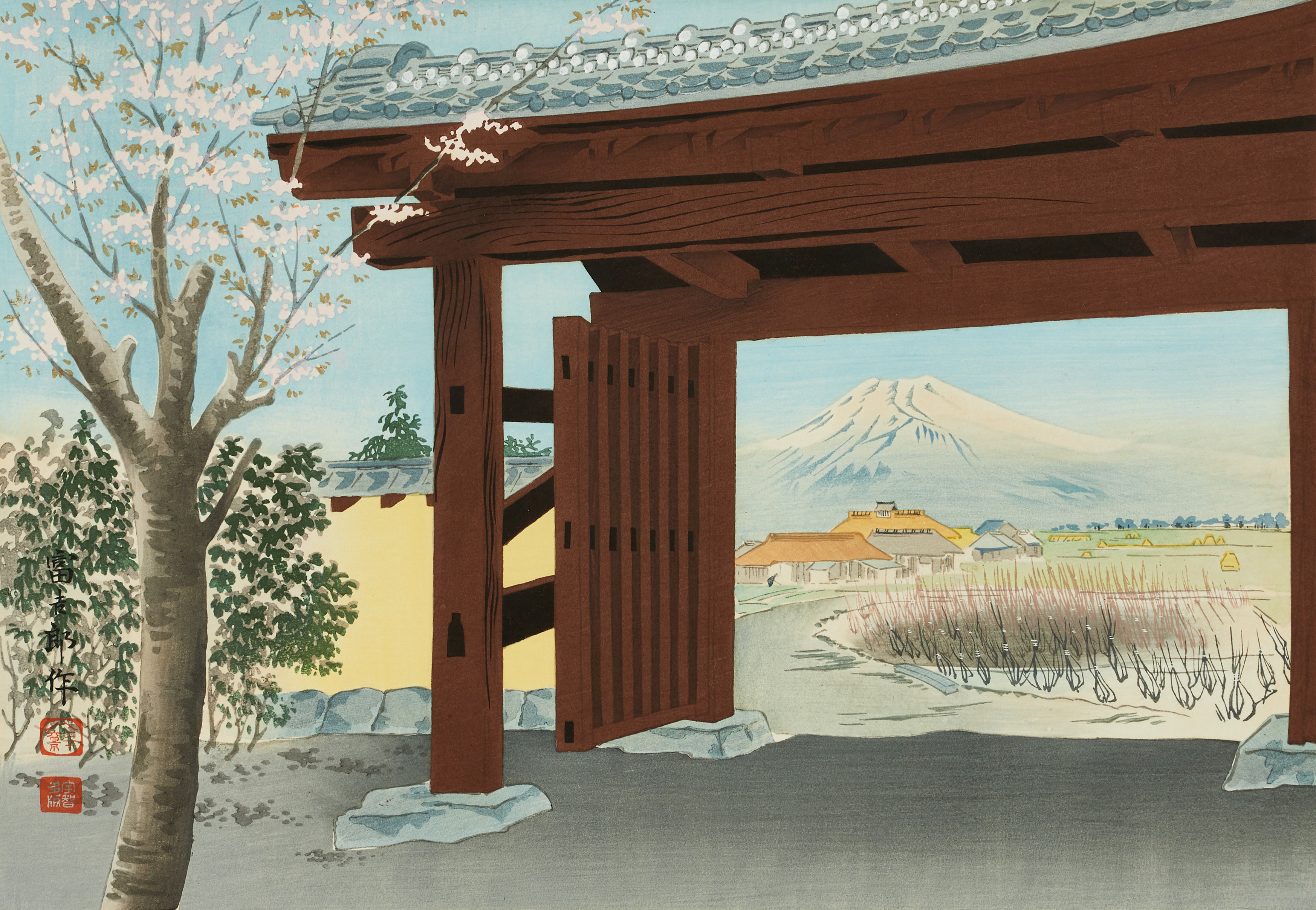TOMIKICHIRO TOKURIKI (Japan 1902-1999), Fuji in front of the Egawa house, ur serien Thirty-six views of Mount Fuji, träsnitt.