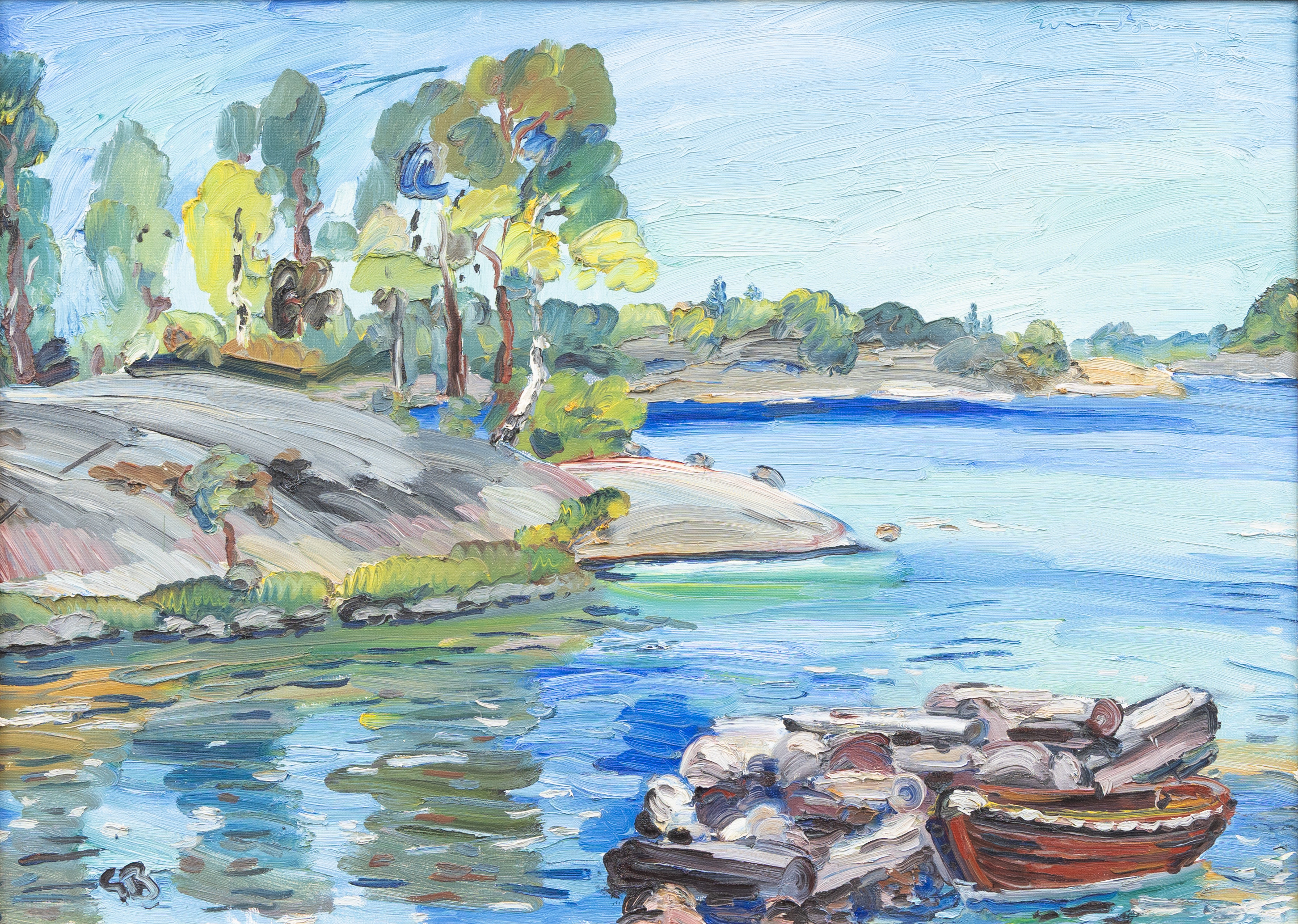 GÖRAN BRUNIUS. Skärgårdslandskap med brygga, olja på duk, signerad.