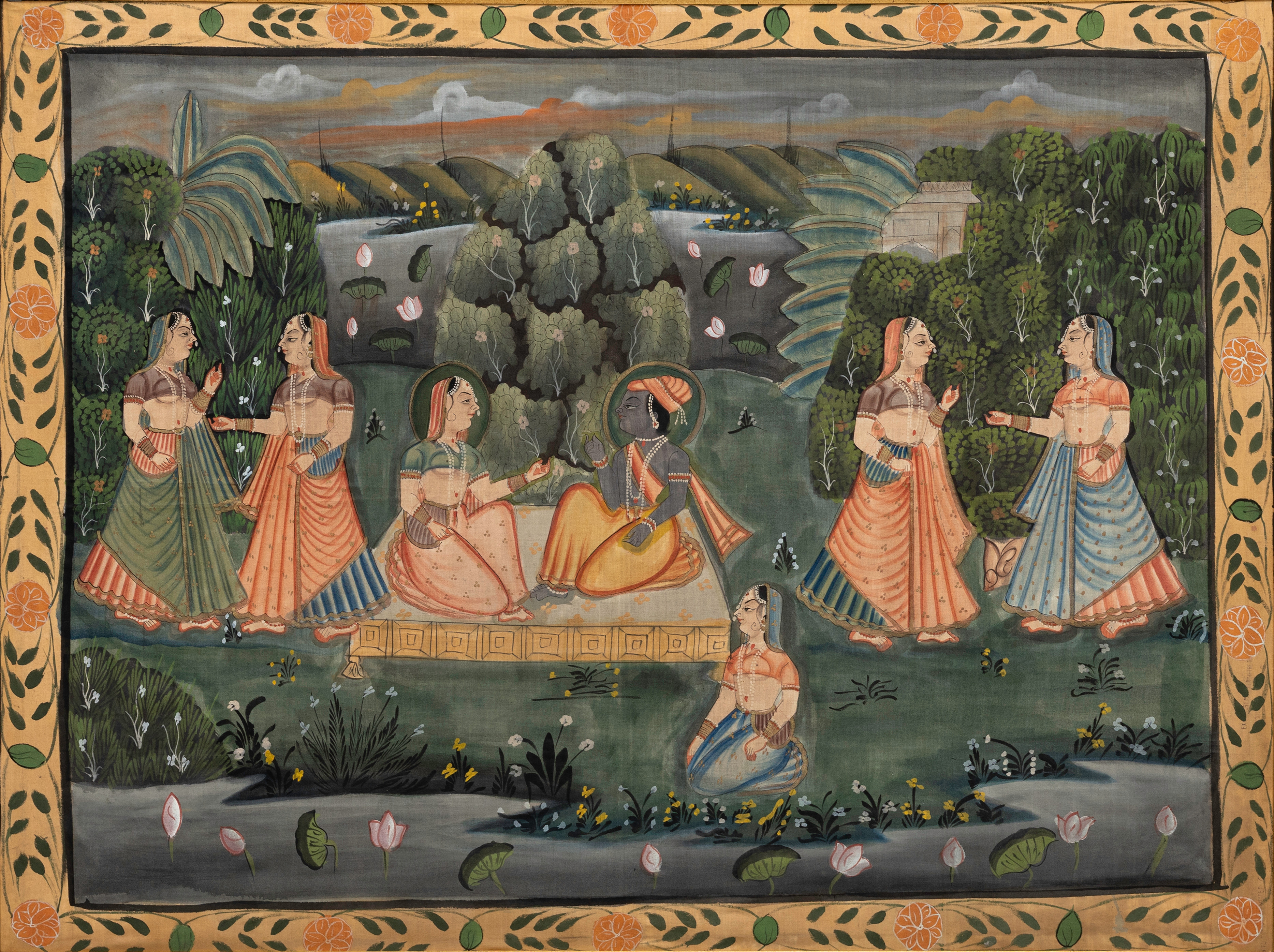 PICHHWAI, Kärleksscen med Krishna, blandteknik, Indien 1900-tal.