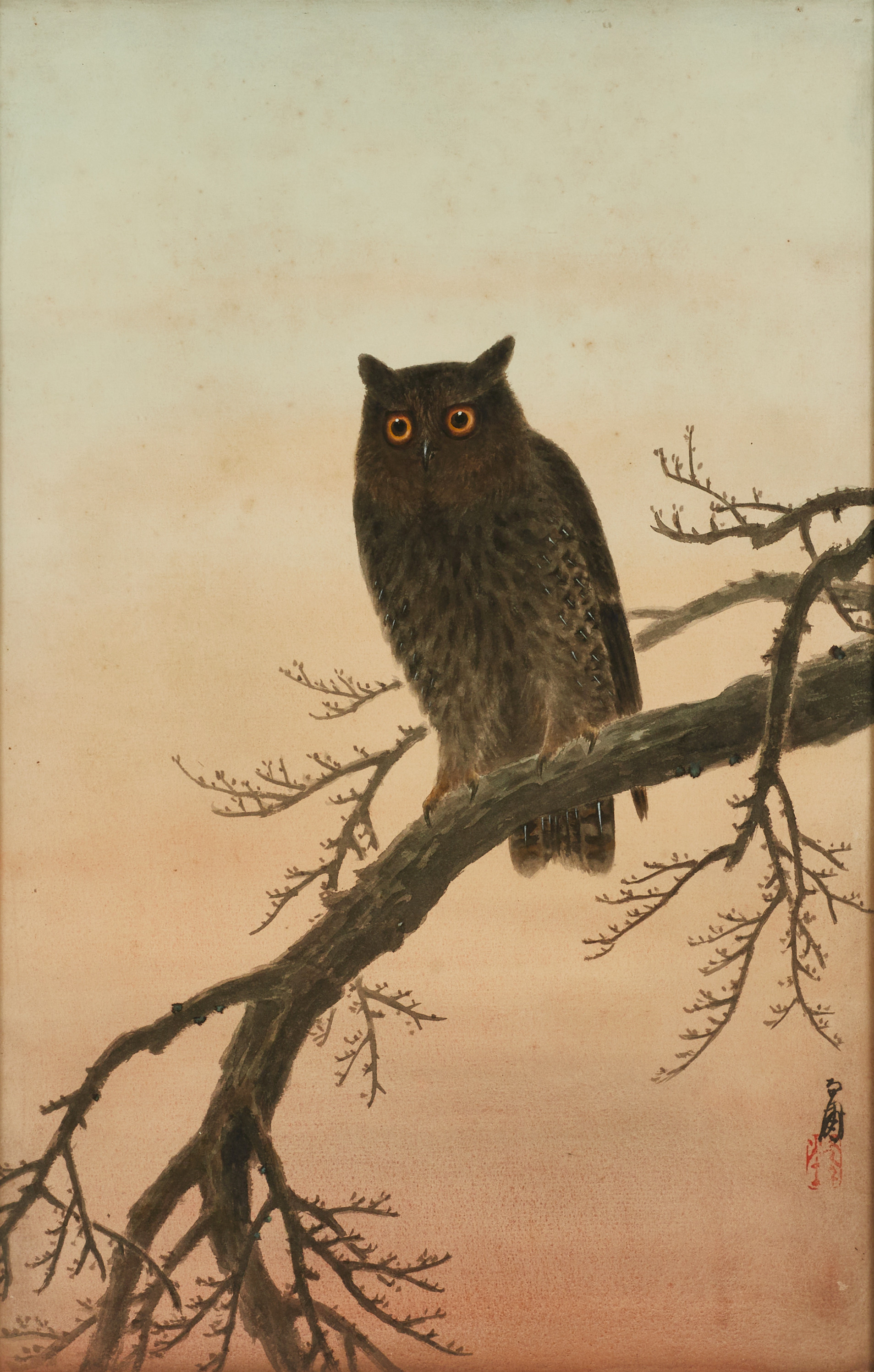 OIDENTIFIERAD KONSTNÄR, 2 st, Japan, 1900-tal, uggla på gren, akvarell, bär signaturer.