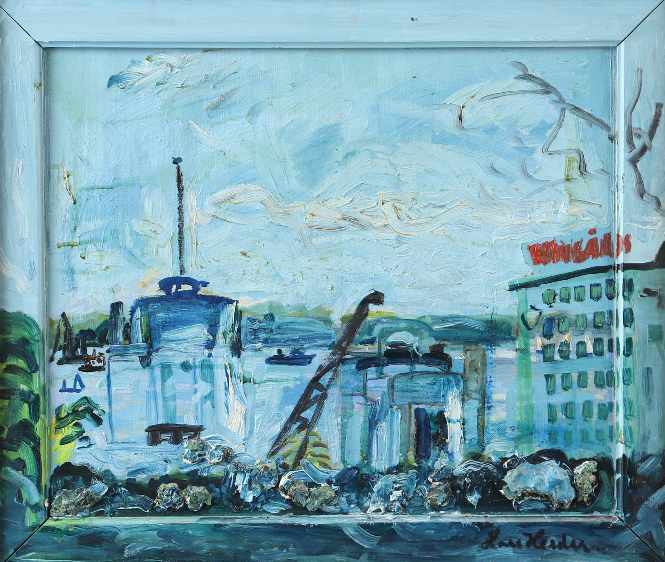 LARS HERDER. Öresund från Helsingborg, olja på duk/blandteknik, signerad.