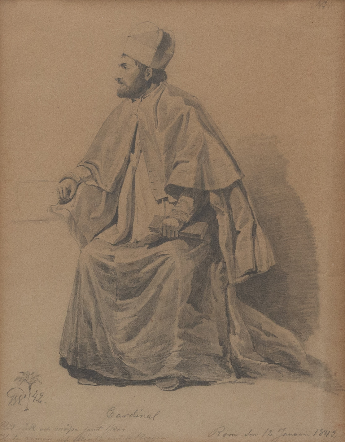GUSTAF WILHELM PALM (1810-1890). Cardinal, teckning, signerad Rom den 12 januari 1842.