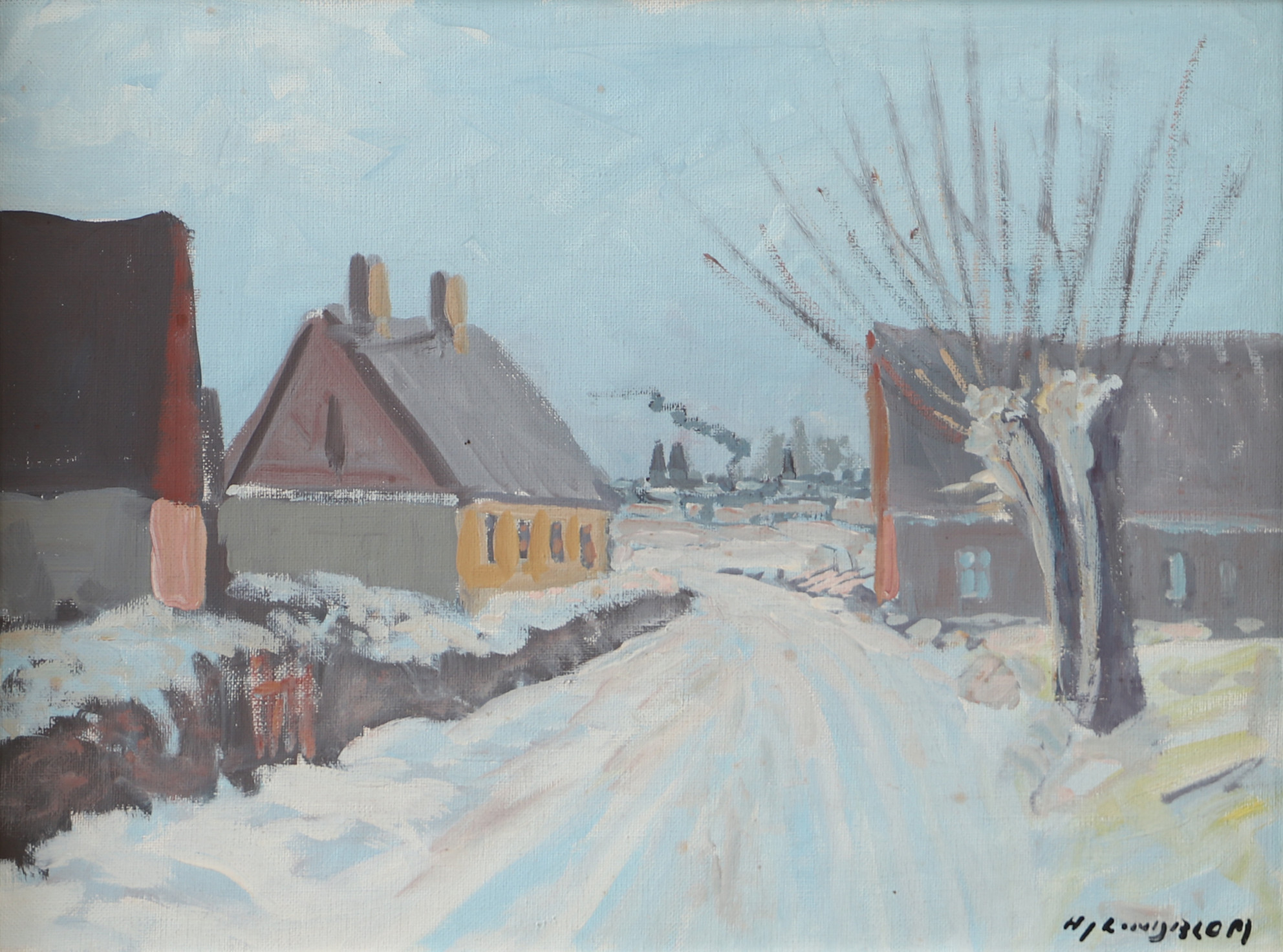 HJALMAR LINDBLOM. "Vinterkväll vid Lund", olja på duk, signerad Hj Lindblom.