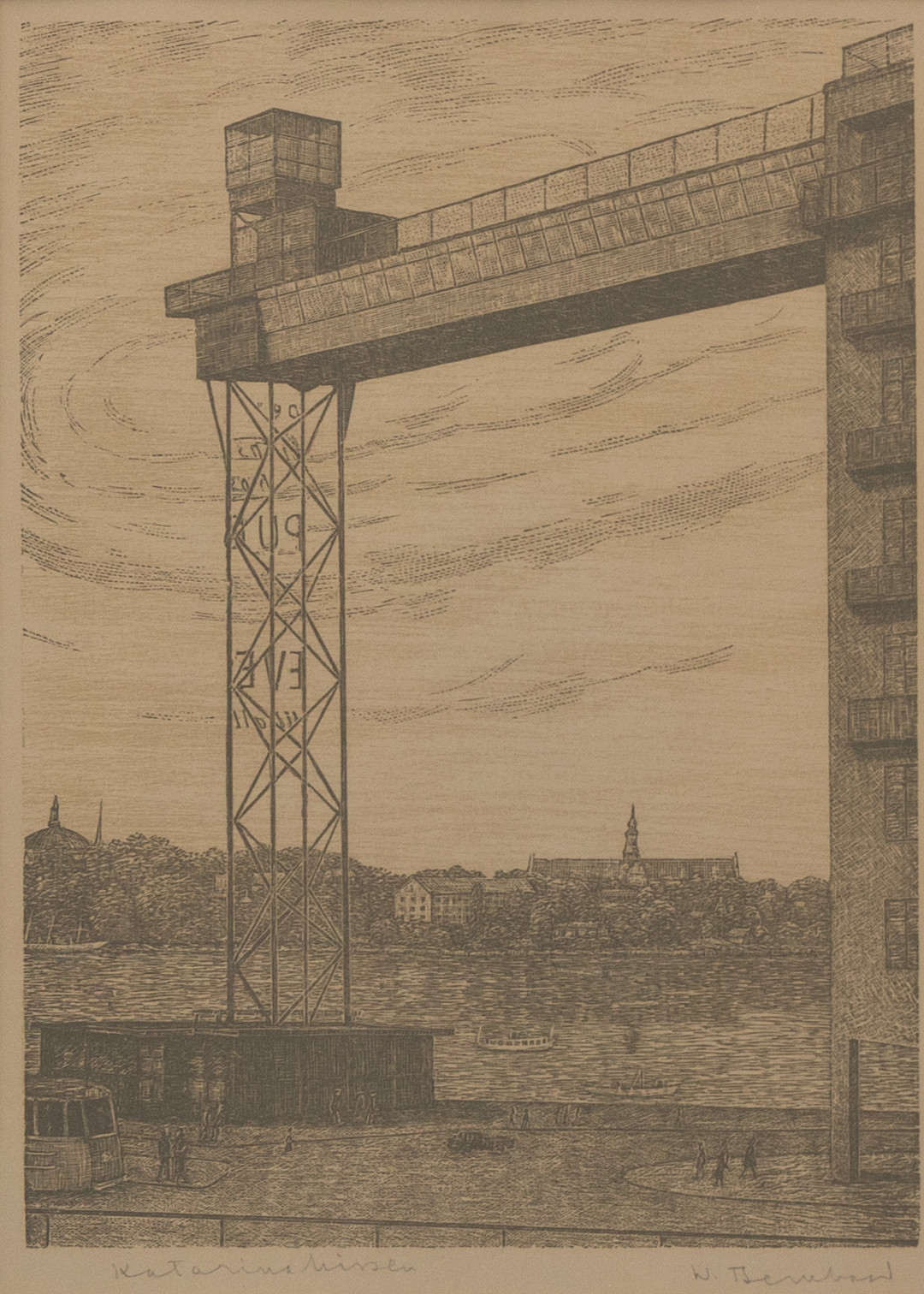 WALDEMAR BERNHARD (1890-1965). "Katarinahissen" träsnitt, signerad.