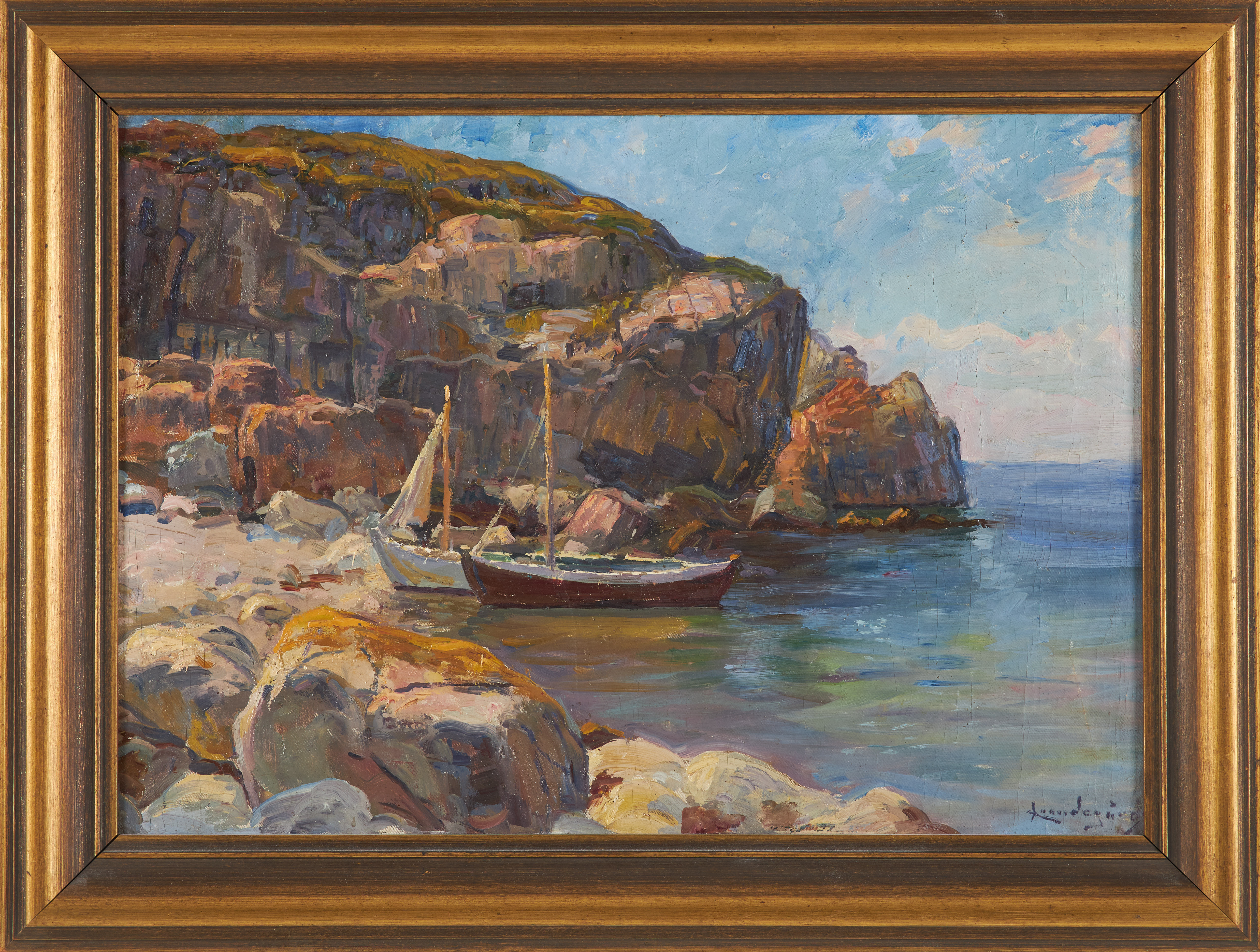 JUSTUS LUNDEGÅRD. (1860-1924), båtar i naturhamn, olja på duk, signerad.