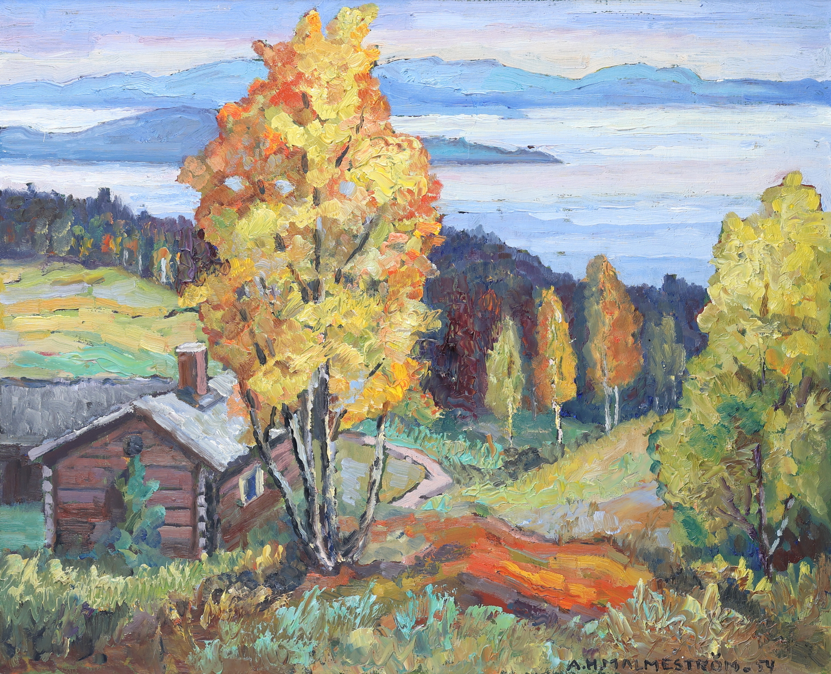AKKE HUGH MALMESTRÖM. Olja på pannå, "Höst åsens fäbodar", signerad, daterad 54.
