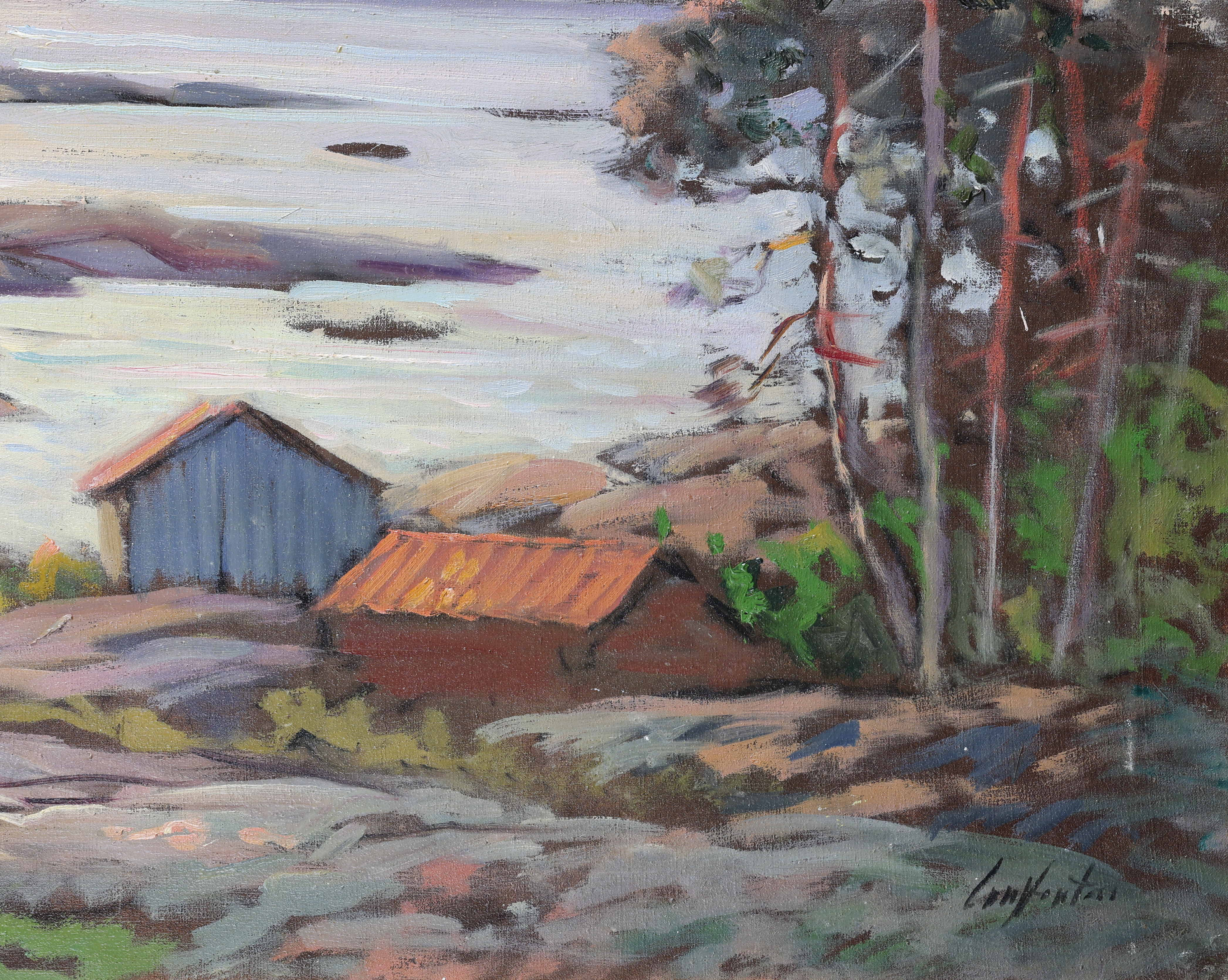 OIDENTIFIERAD KONSTNÄR. Olja på duk, landskapsmotiv med stuga, signerad.