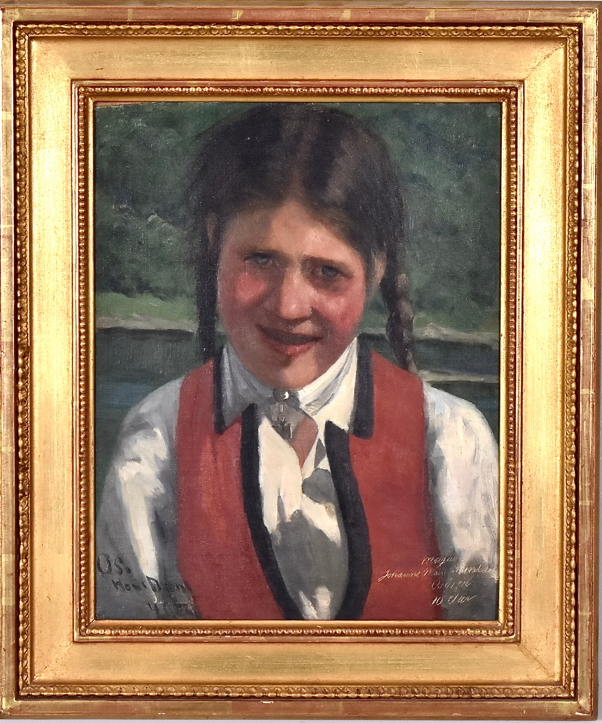 HANS DAHL. oljemålning på pannå, porträtt av Maja Johanne Marie Mikkelsdatter Osören, 10 år gammal.