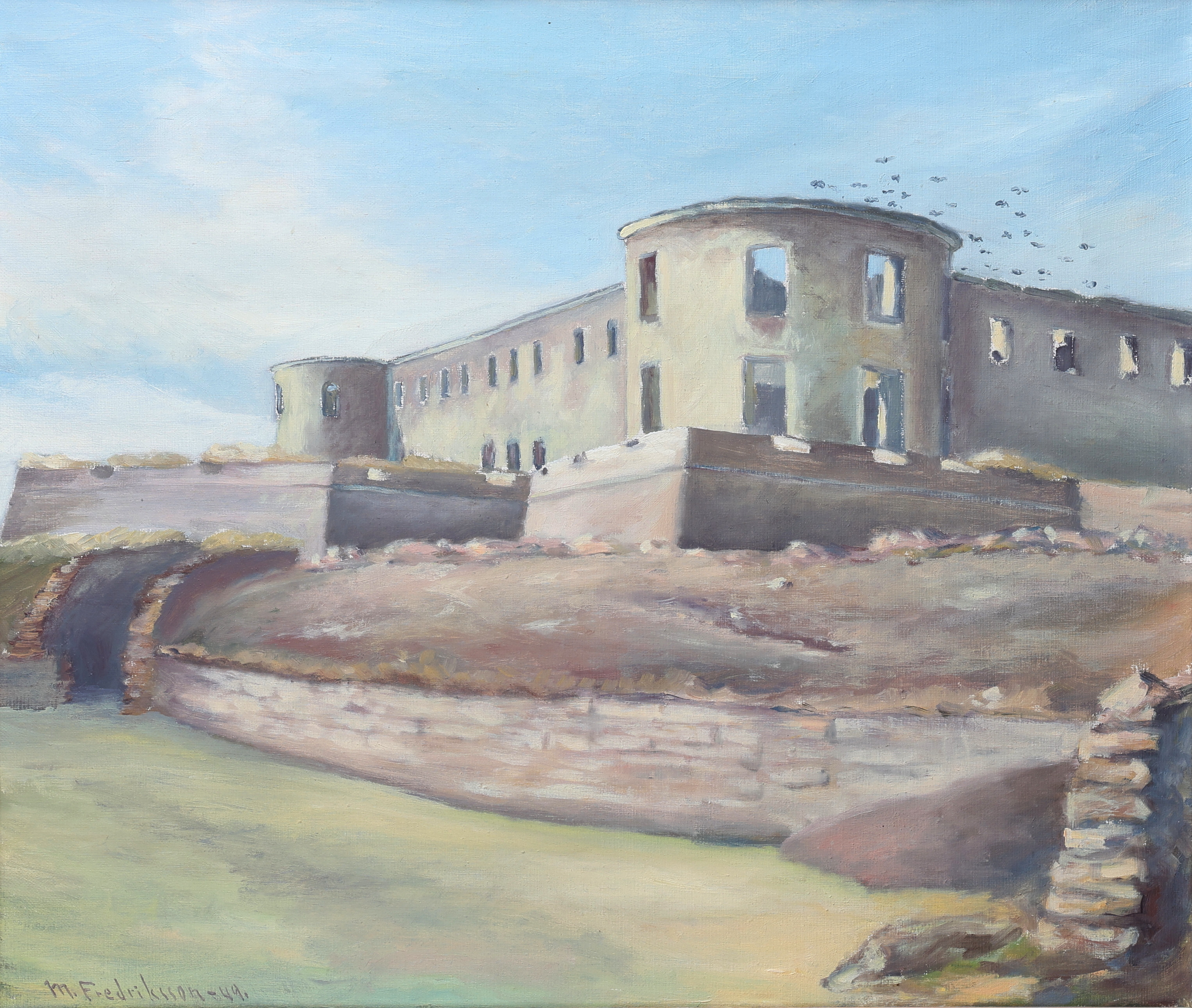 Olja på duk, Borgholms slottsruin, signerad M Fredriksson, daterad 49.