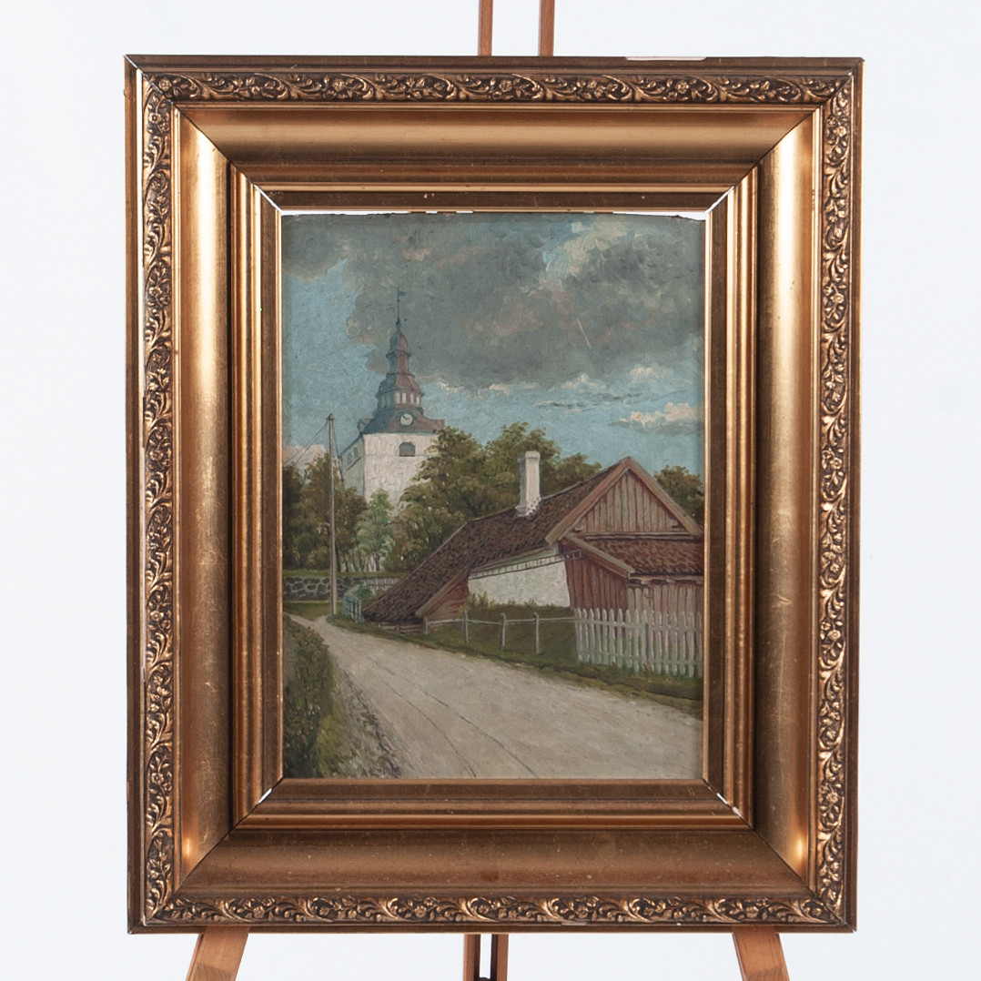 OIDENTIFIERAD KONSTNÄR. Motiv från Gamleby i Laholm, olja på trä.