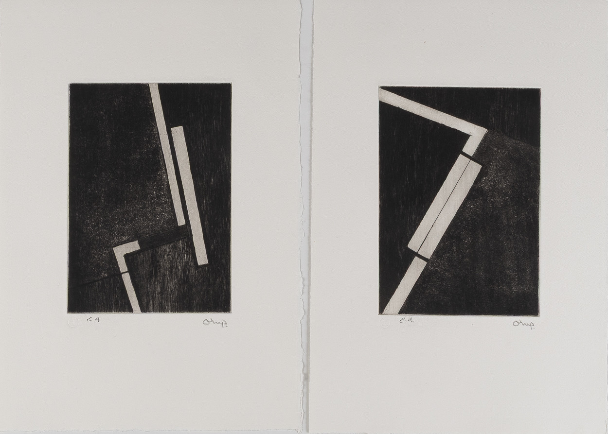 BENGT ORUP. Kompositioner, 2 stycken, etsningar, oramade blad.