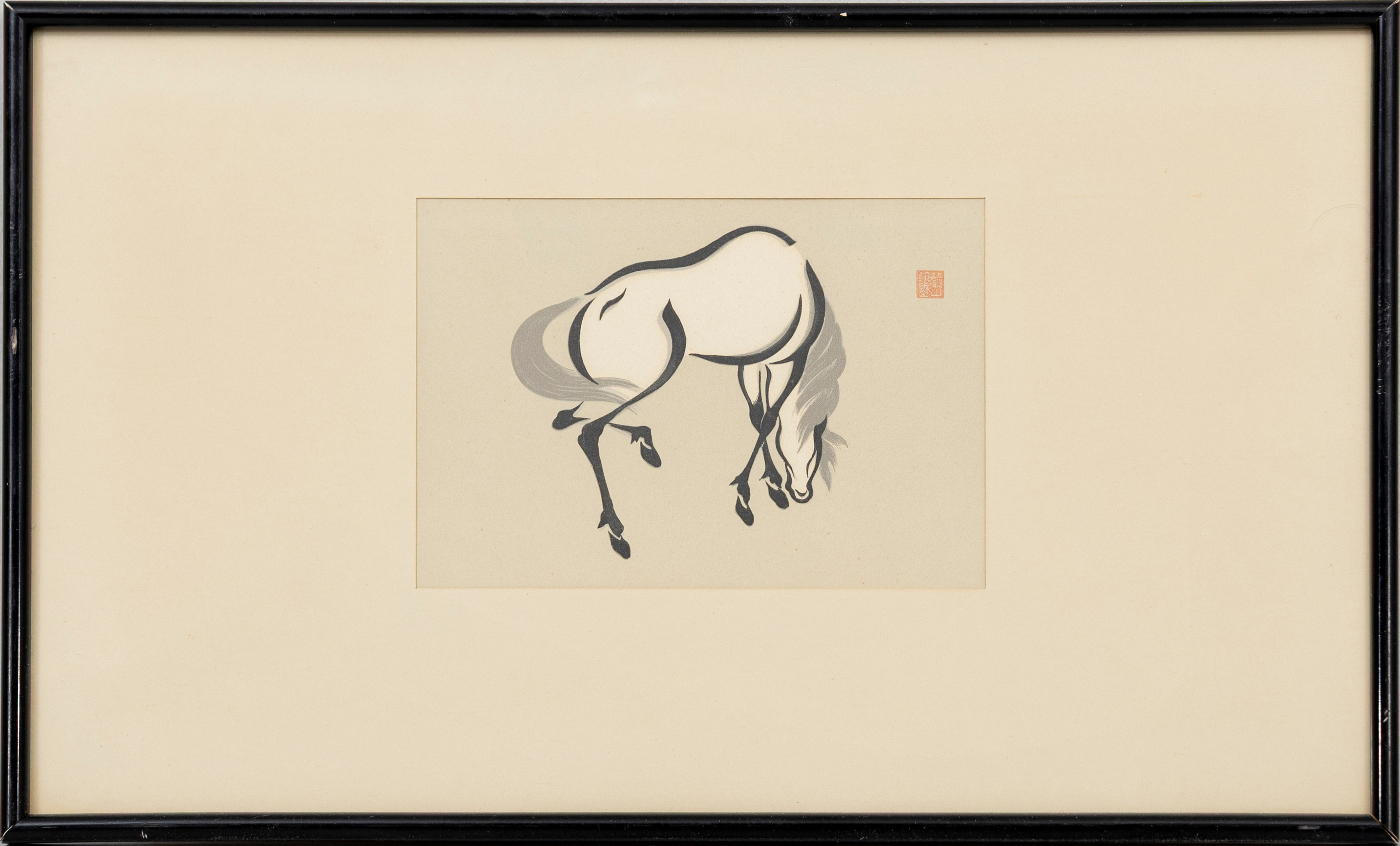 URUSHIBARA MOKUCHU. Efter, komposition med häst, träsnitt.