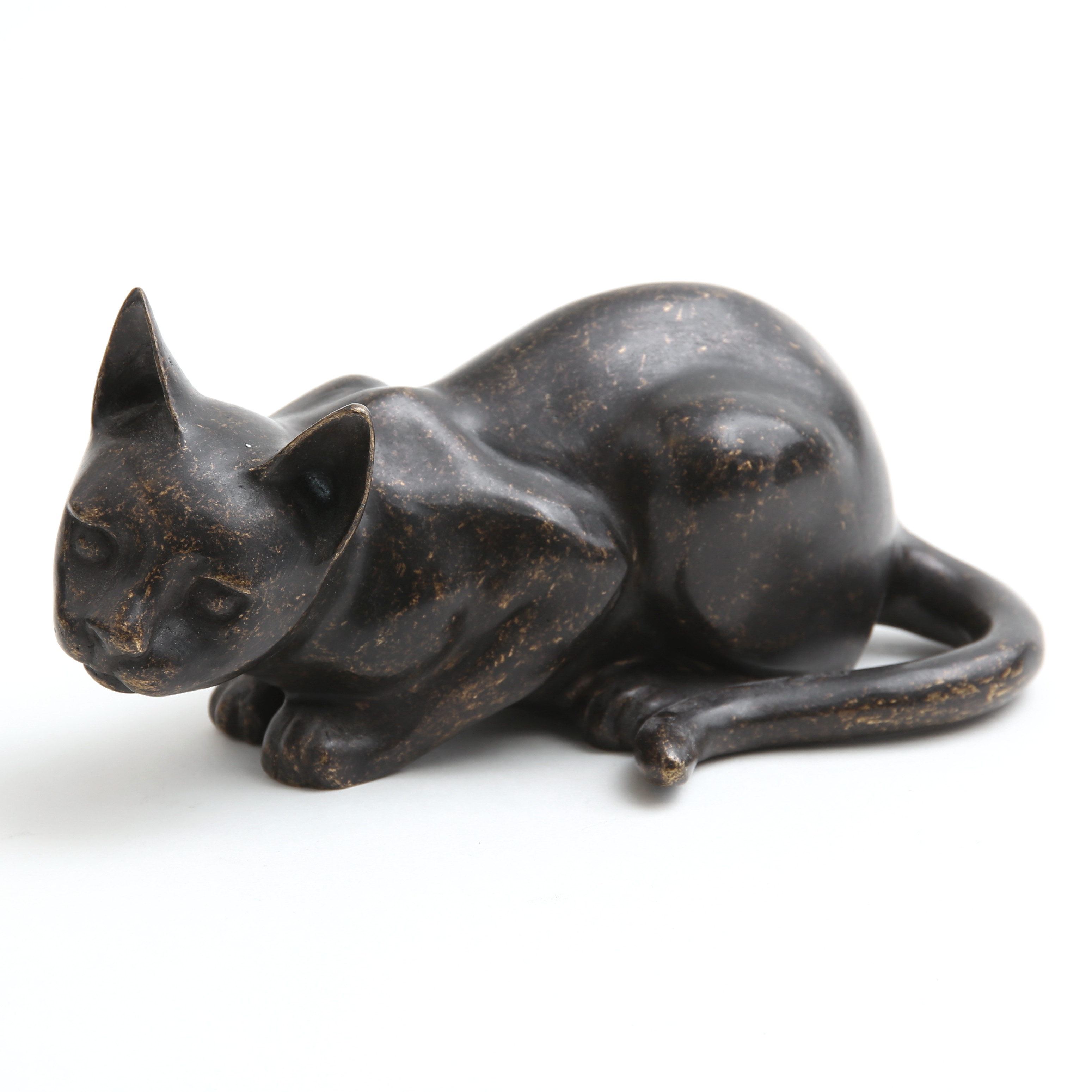 SKULPTUR, patinerad brons, katt, stämplad, Fyrklövern.