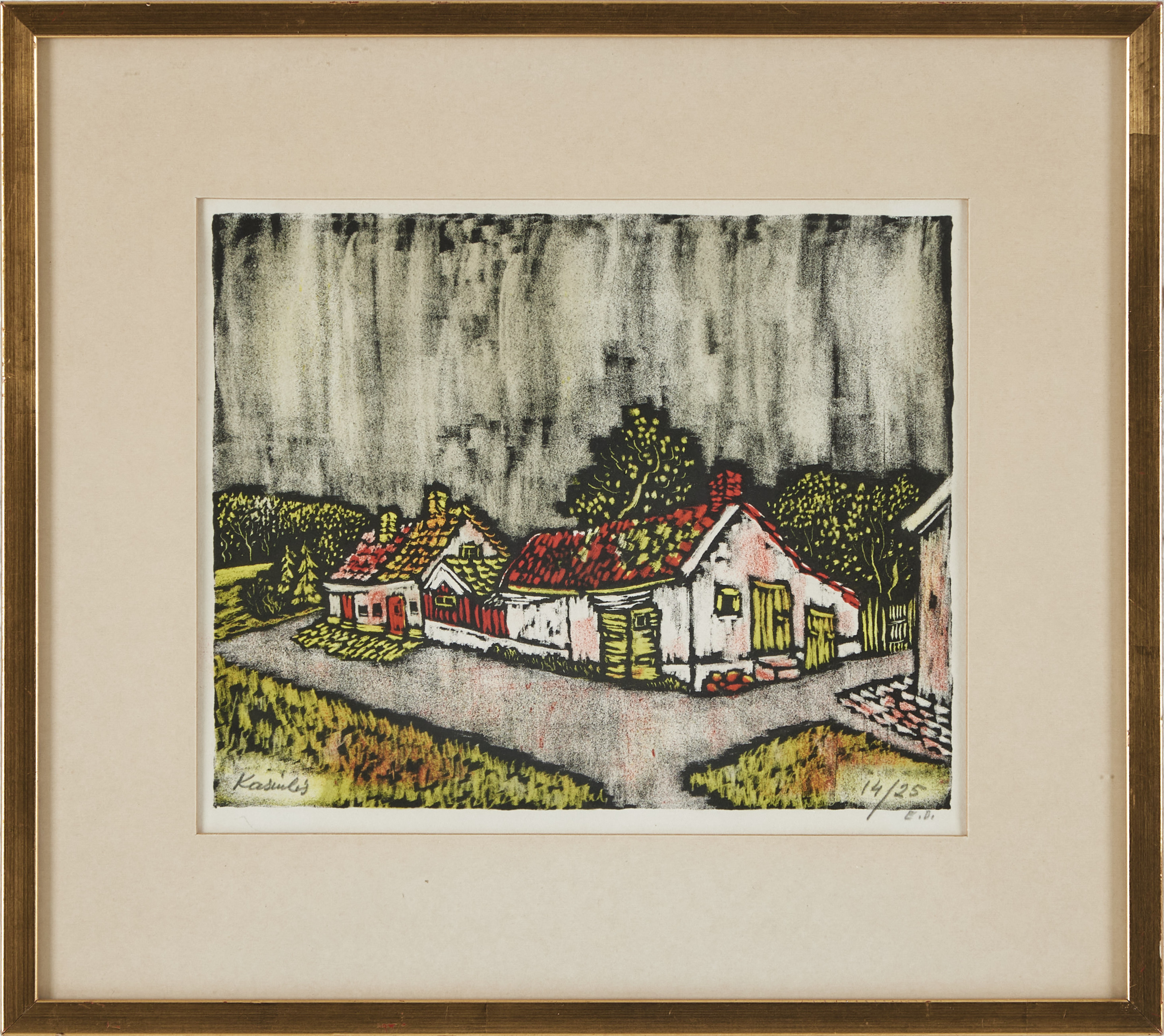 VYTAUTAS KASIULIS (1918-1995). Bygata, träsnitt.