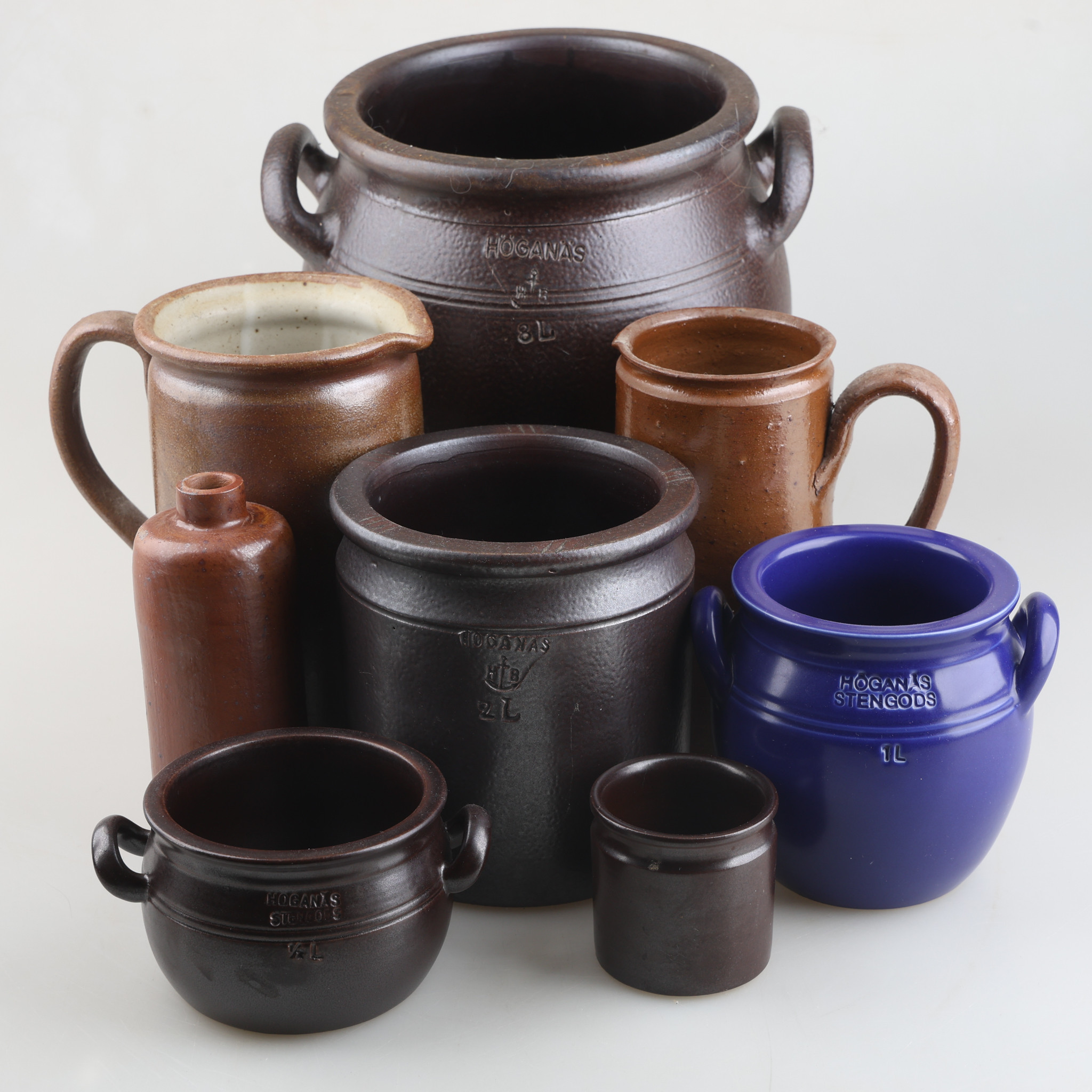 PARTI KRUKOR/KANNOR, 8 delar, Höganäs bl.a, stengods.