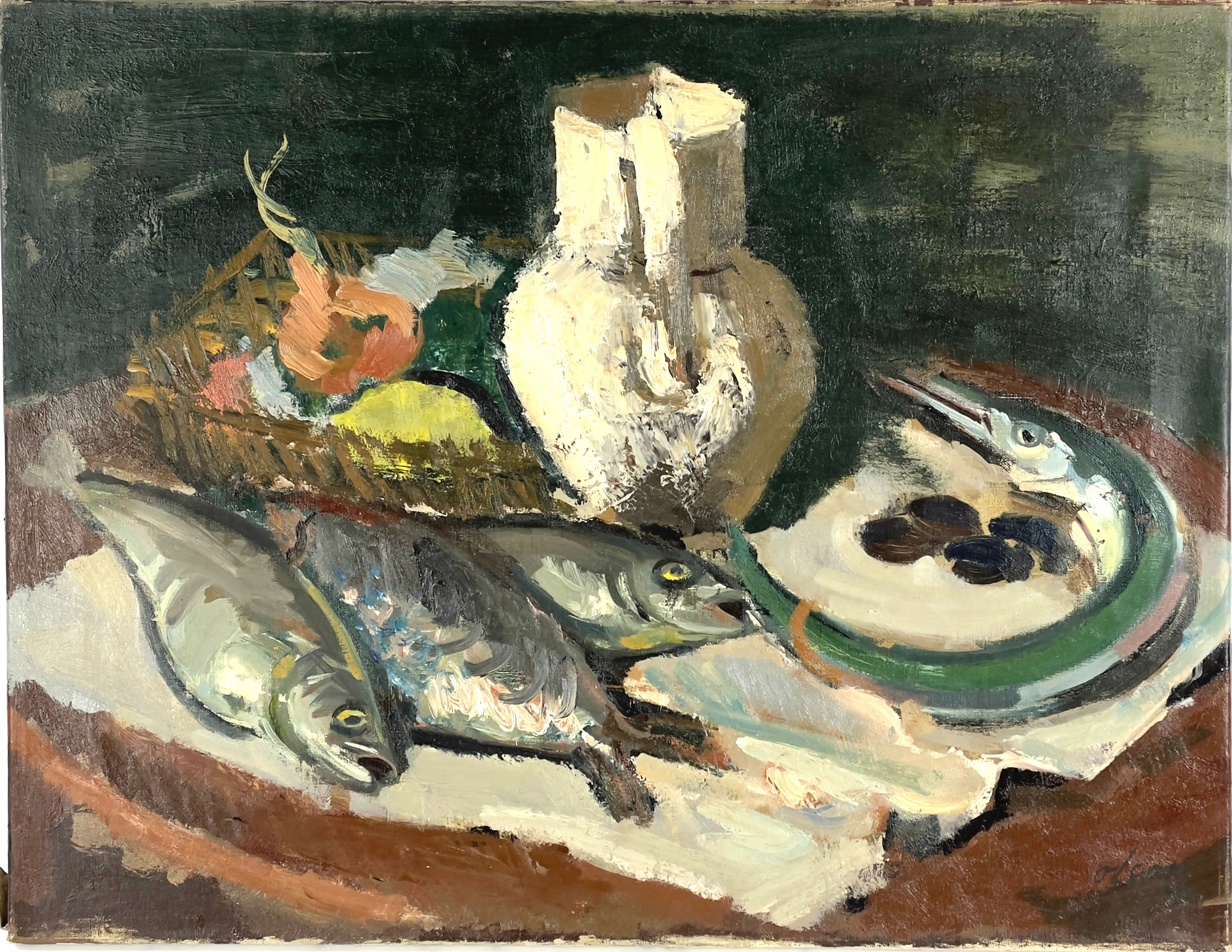 OVE OLSON. Olja på duk, "Nature morte med fiskar och vit kruka", signerad Olson samt daterad 48, etikett a tergo.