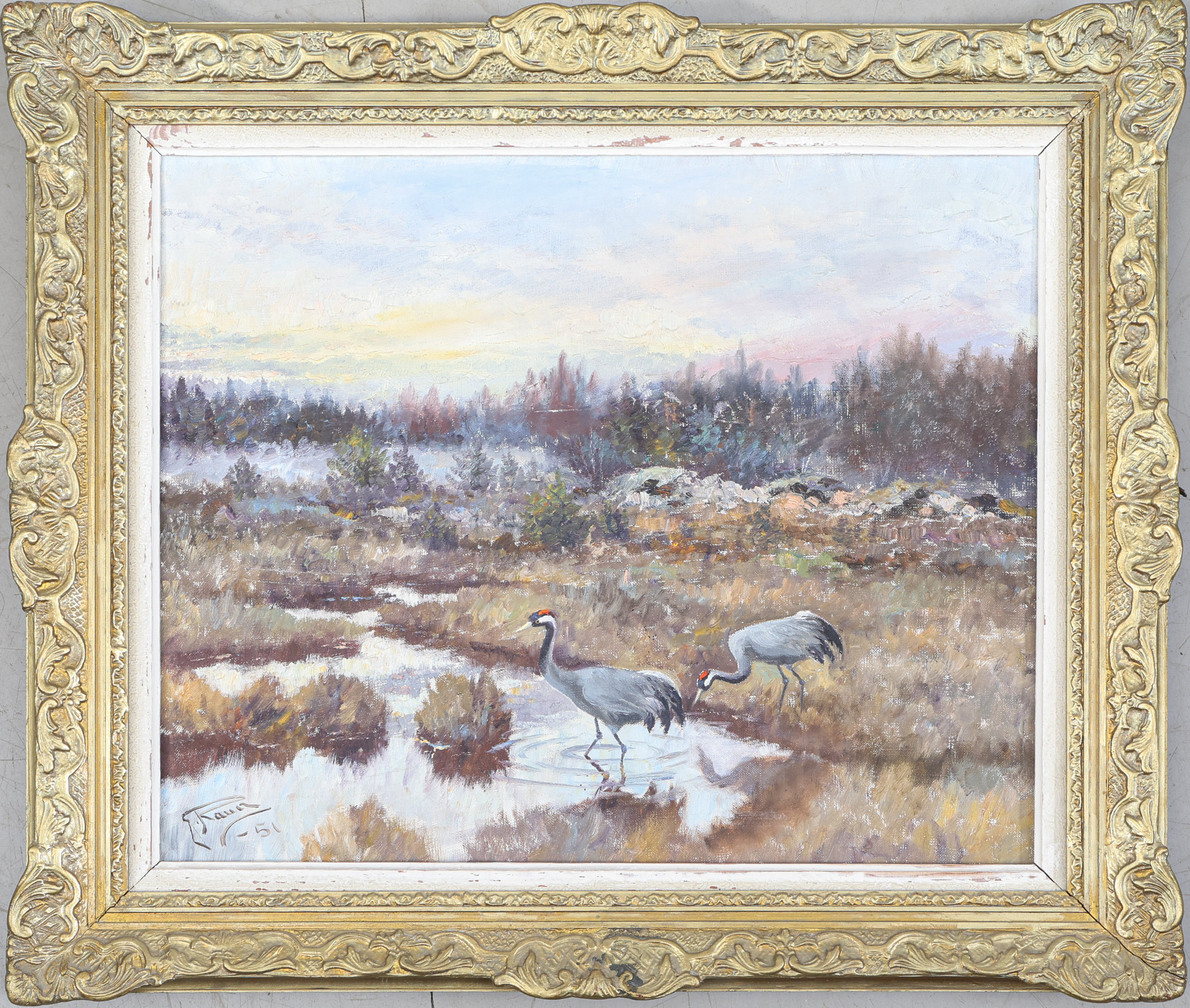 JOHANNES RAVN. Olja på duk, lanskap med tranor, signerad, daterad 1951.