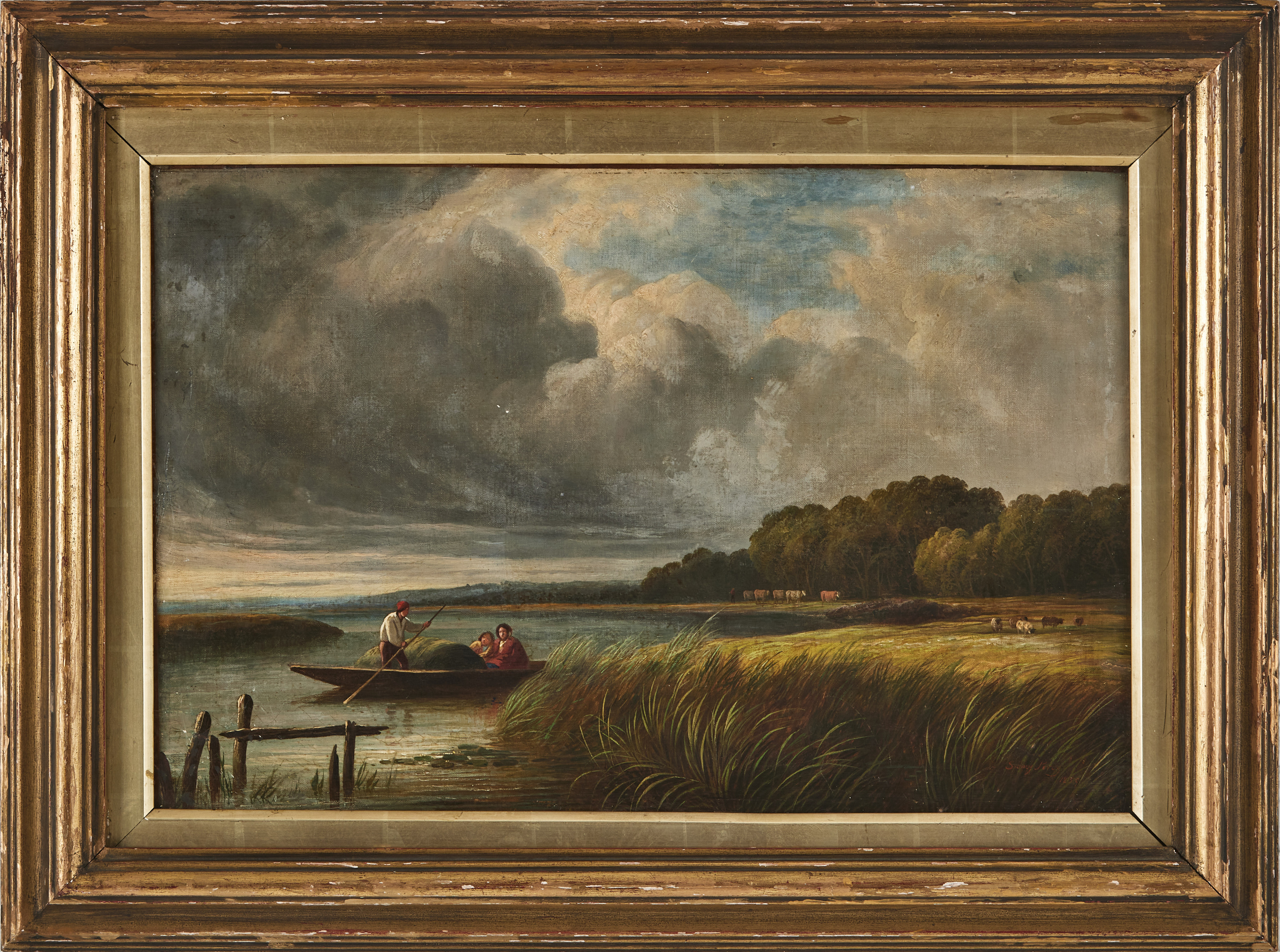 OIDENTIFIERAD (1800-TAL). Insjömotiv med roende sällskap, olja på duk.