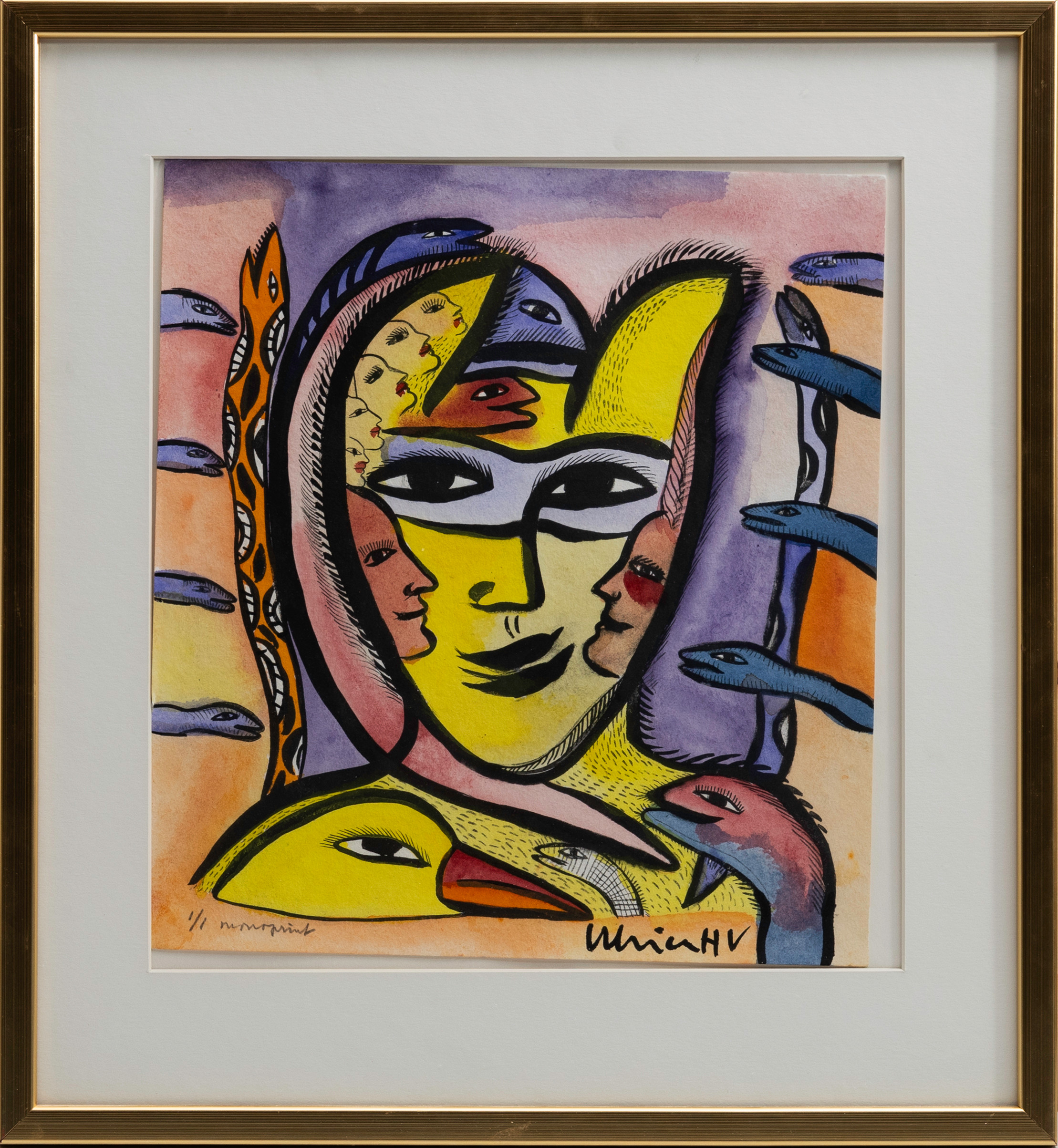 ULRICA HYDMAN-VALLIEN. Figurkomposition med djur, signerad i trycket, monoprint, numrerad 1/1.