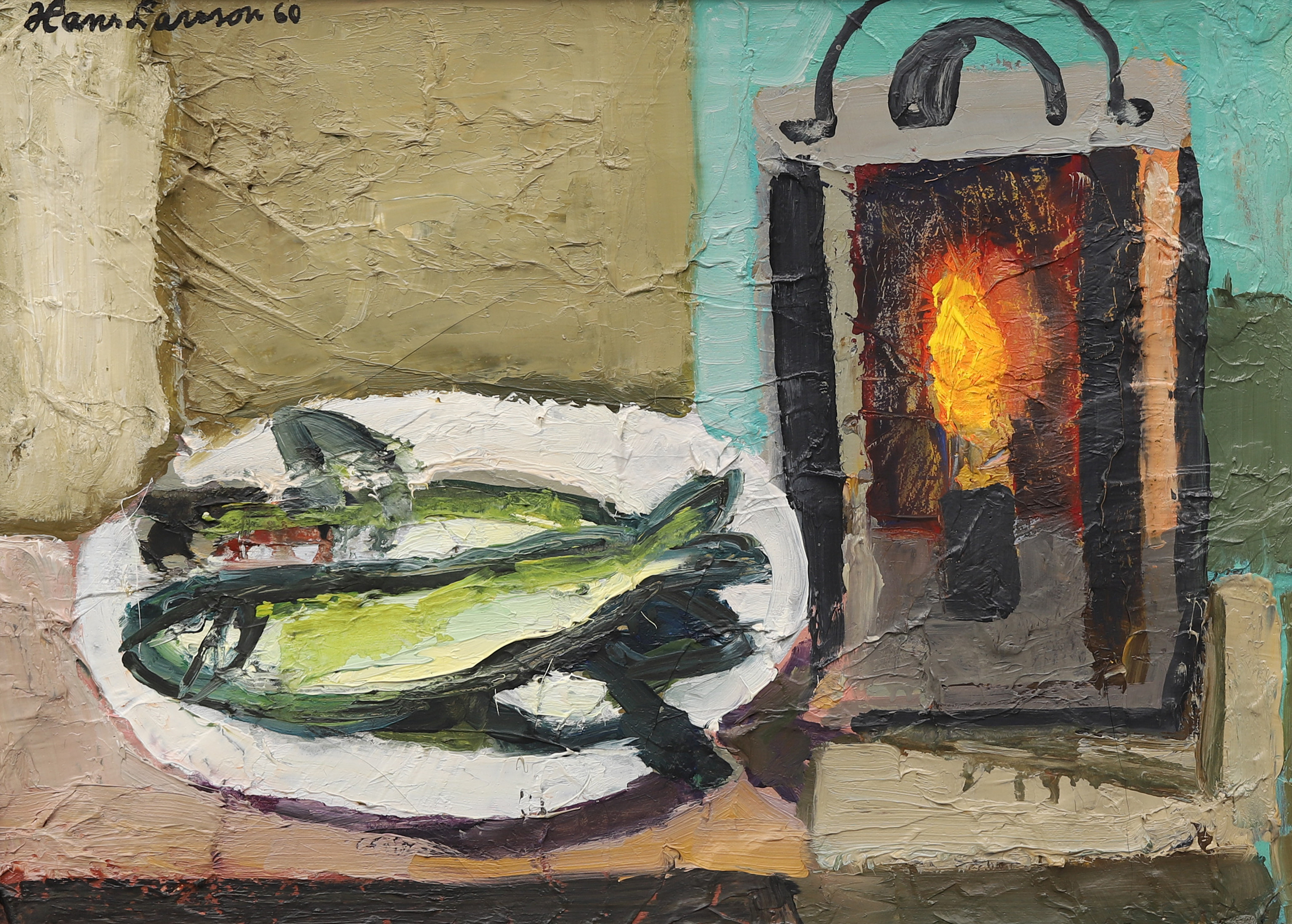 HANS LARSSON. STILLEBEN MED LYKTA OCH FISKAR, signerad.