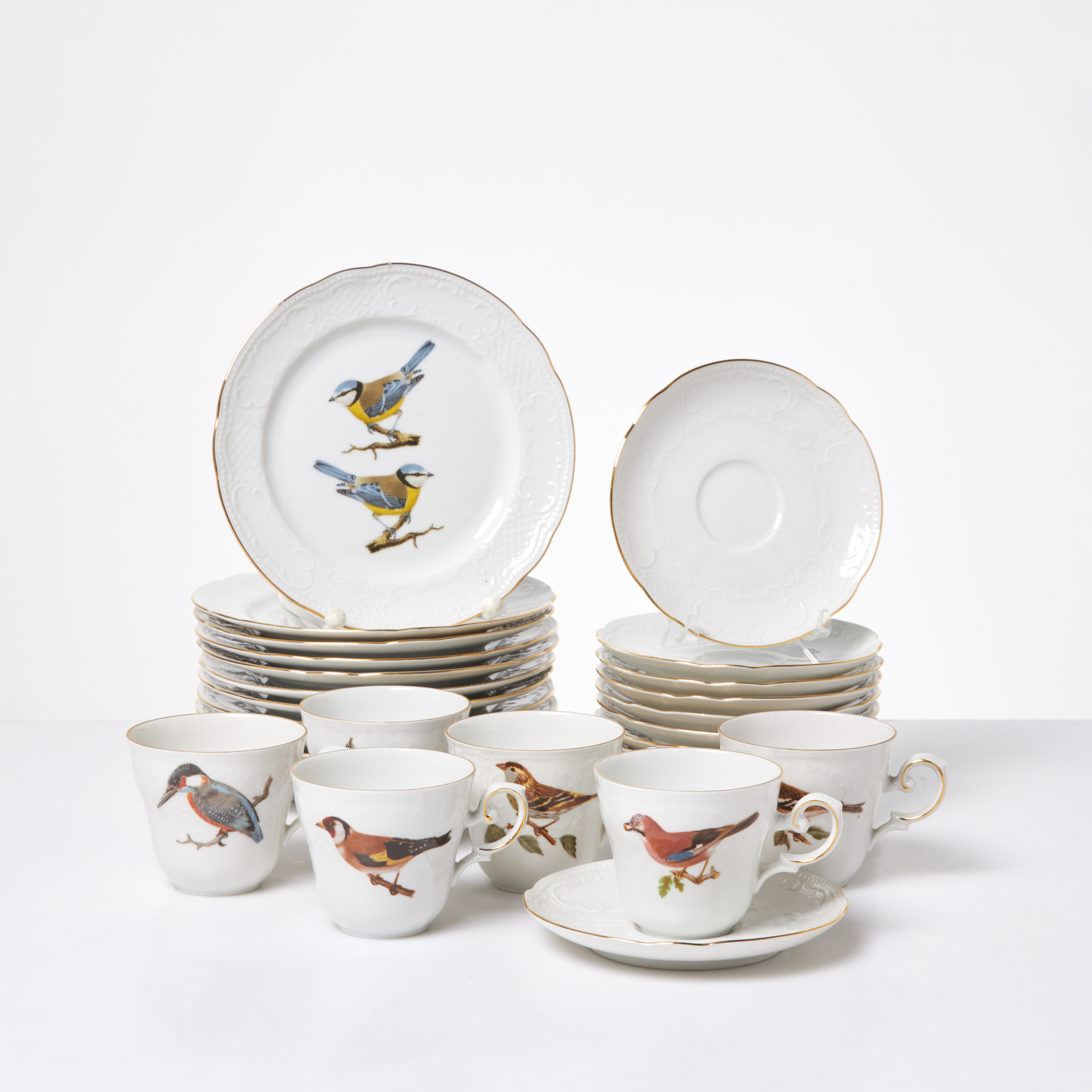 SERVISDELAR, 24 dlr, porslin, "Svenska Fåglar", dekor efter originalteckningar av Bröderna Wright, 1900-talets senare hälft.