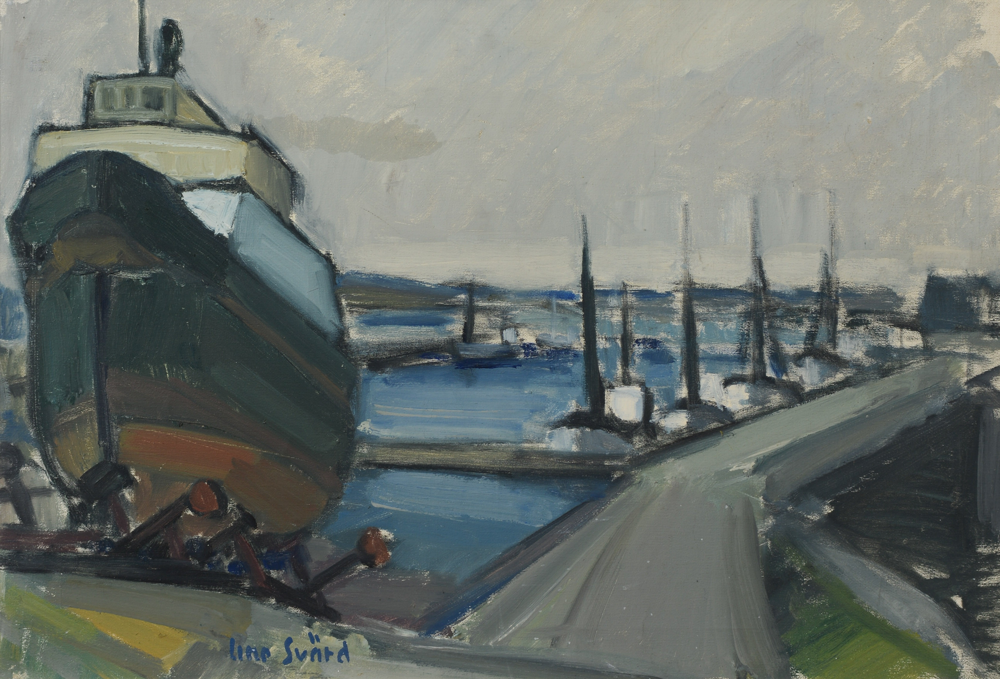 UNO SVÄRD. Allö på slip i Simrishamn, olja på duk, signerad, daterad -63.