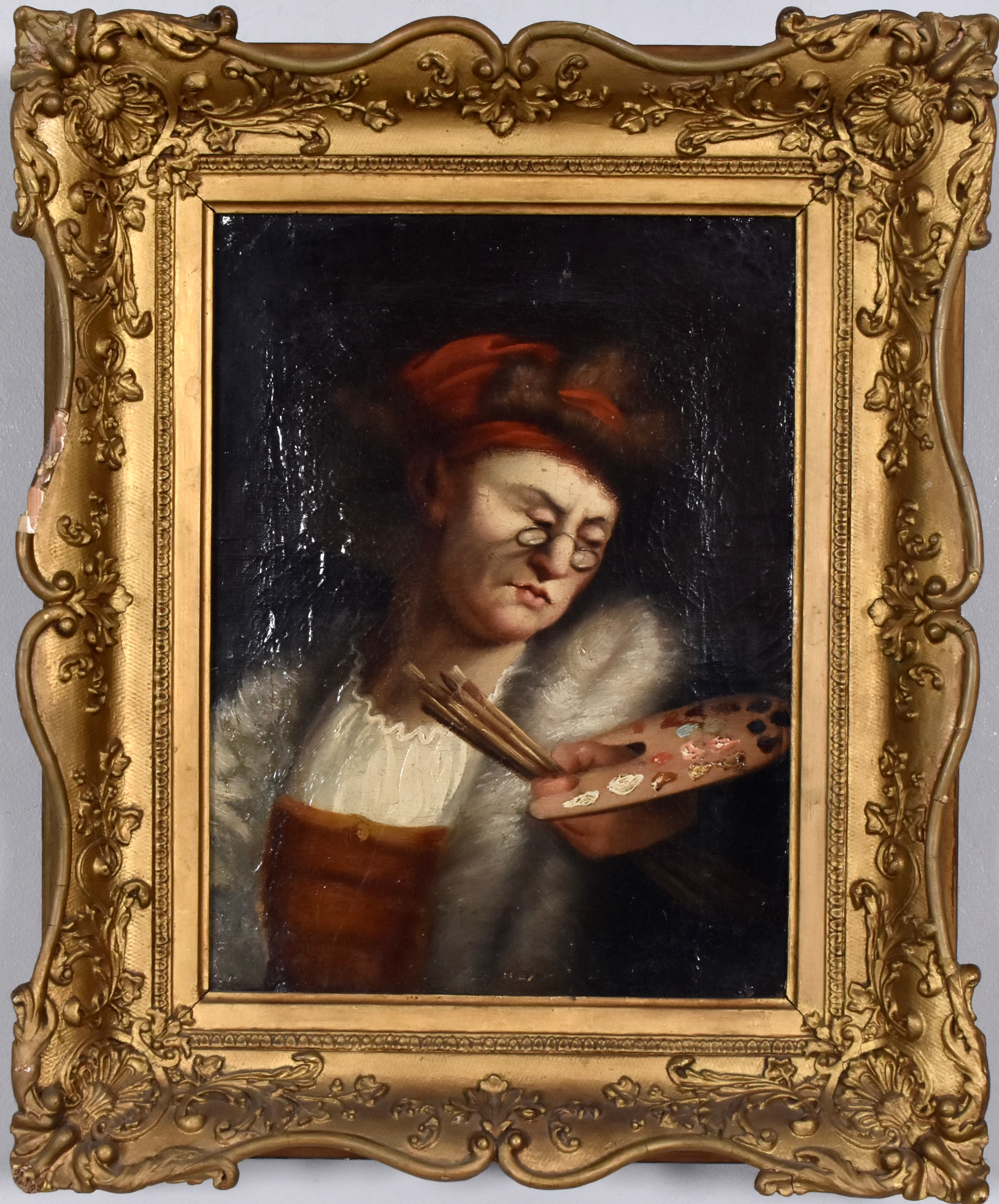 JOHANN KONRAD SEEKATZ. TILLSKRIVEN. oljemålning på duk, 1700-tal, kvinna med målarpalett - möjligen Artemisia Gentilleschi.