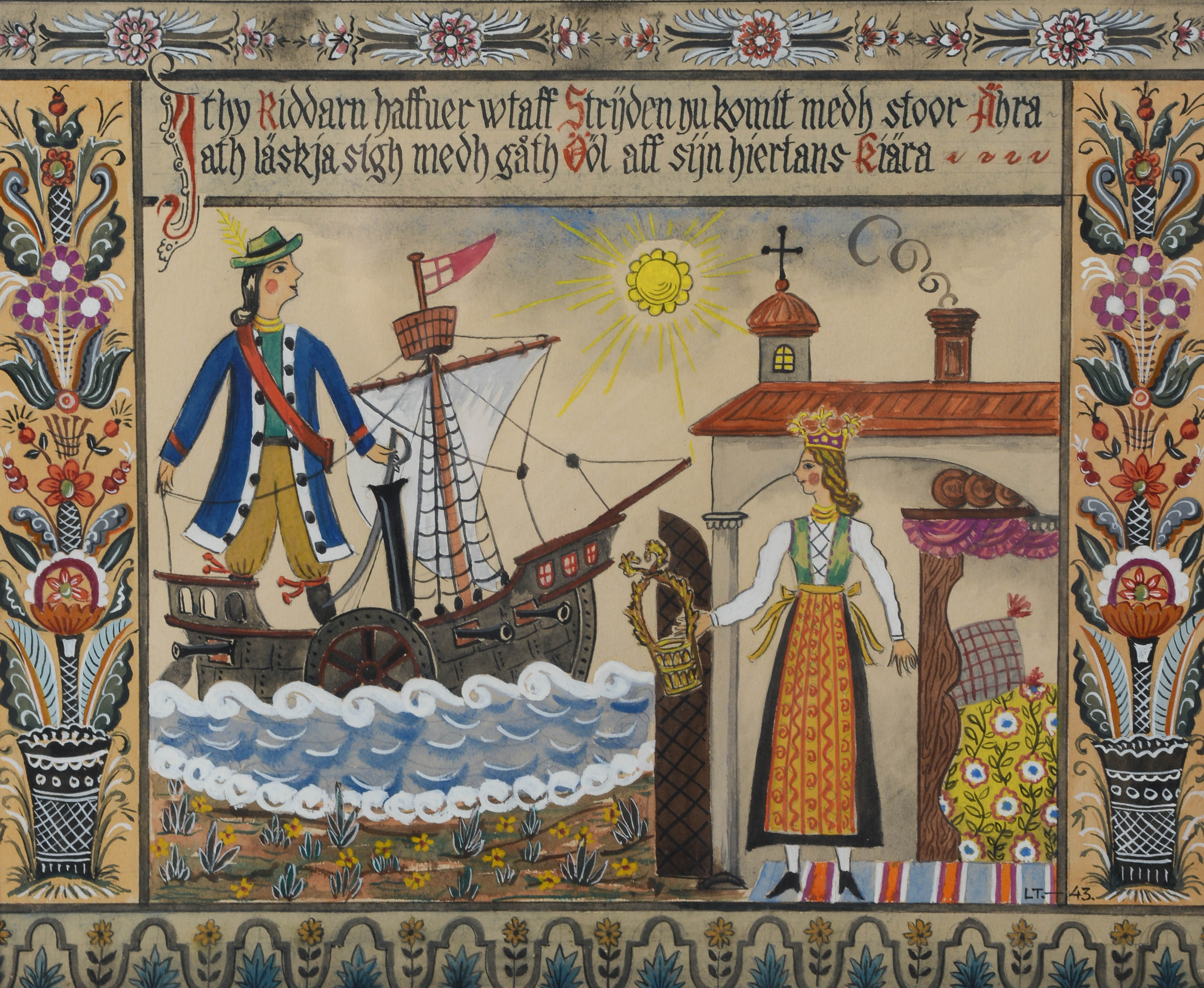 OKÄND KONSTNÄR. "Gåth ööl aff sin hjertans kära", allmogemotiv, gouache, signerad LT, 1940-tal.