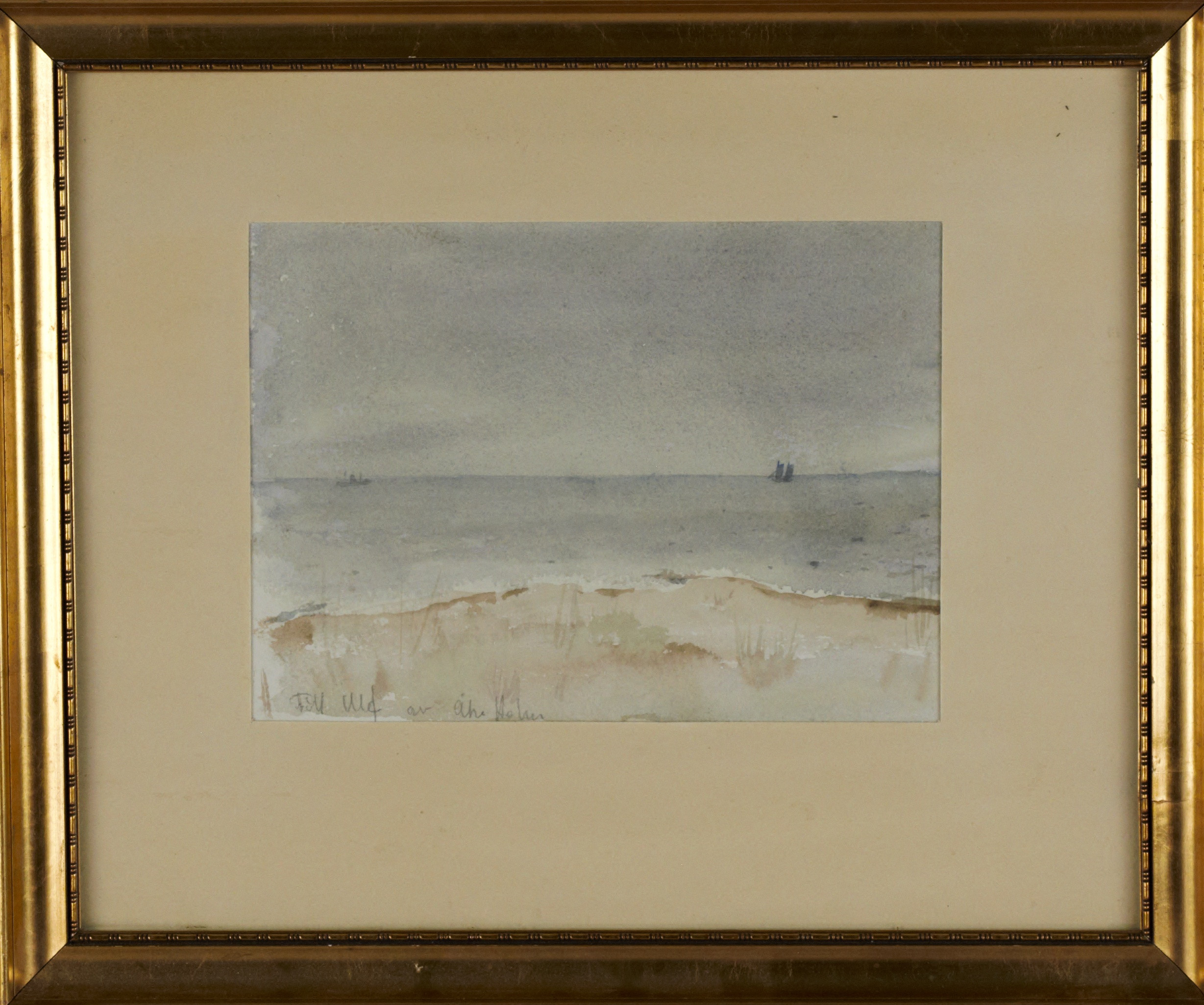 ÅKE HOLM. Akvarell, kustparti med båtar i fjärran, signerad.