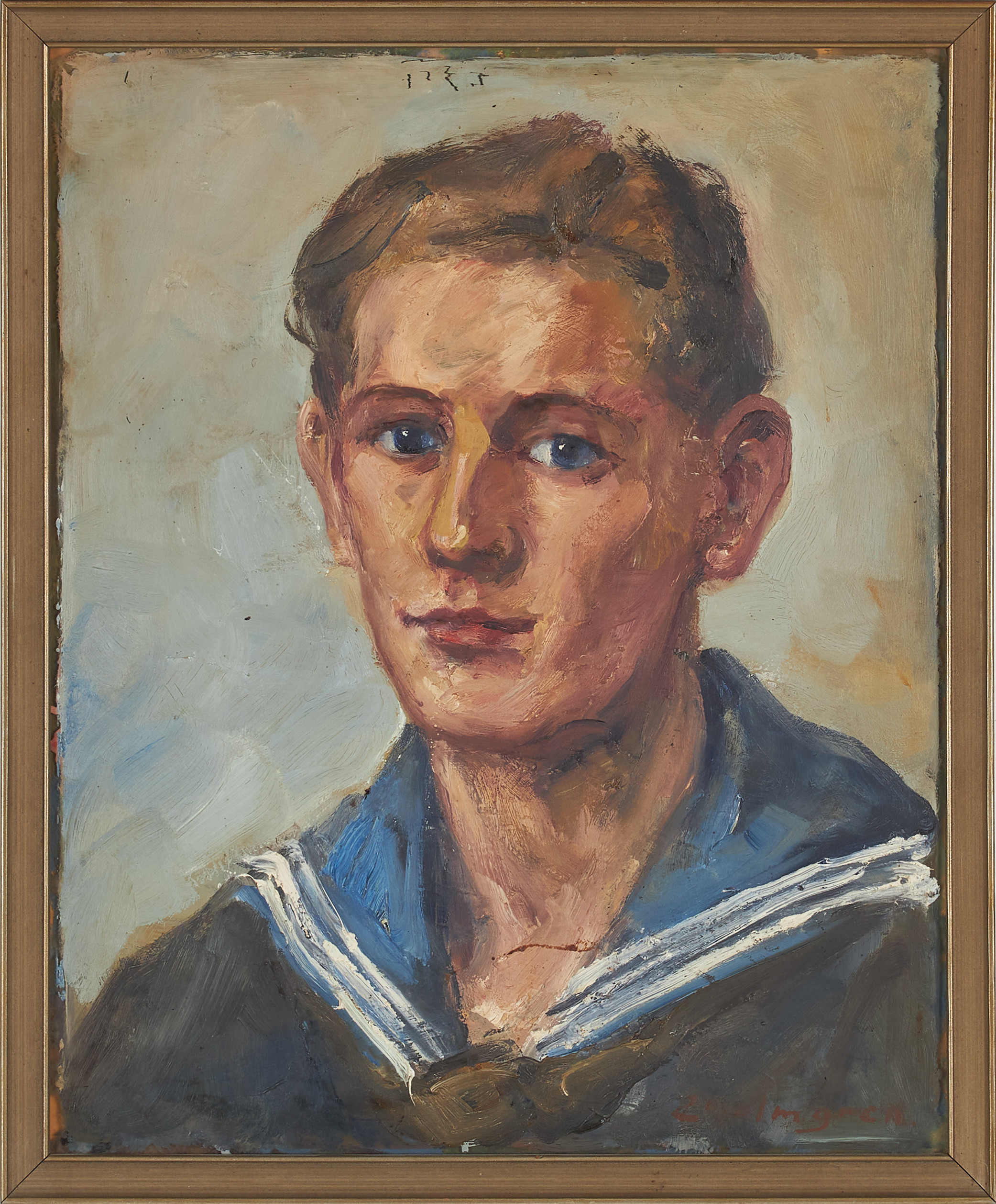 OIDENTIFIERAD KONSTNÄR. Porträtt av ung man i sjömansdräkt, olja på glas, signerad L Holmgren.