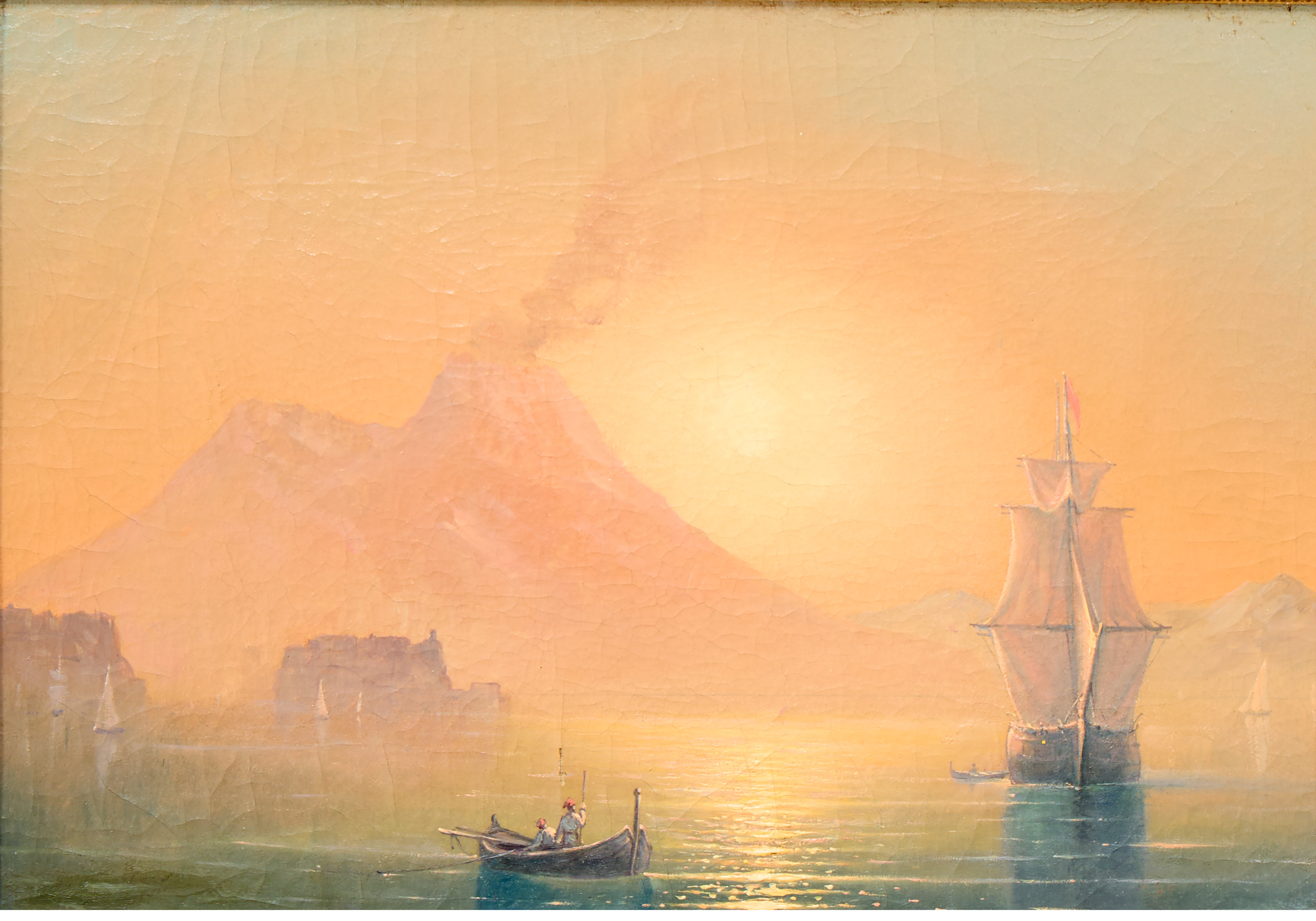 OKÄND KONSTNÄR. Neapelbukten med Vesuvius i soldis.