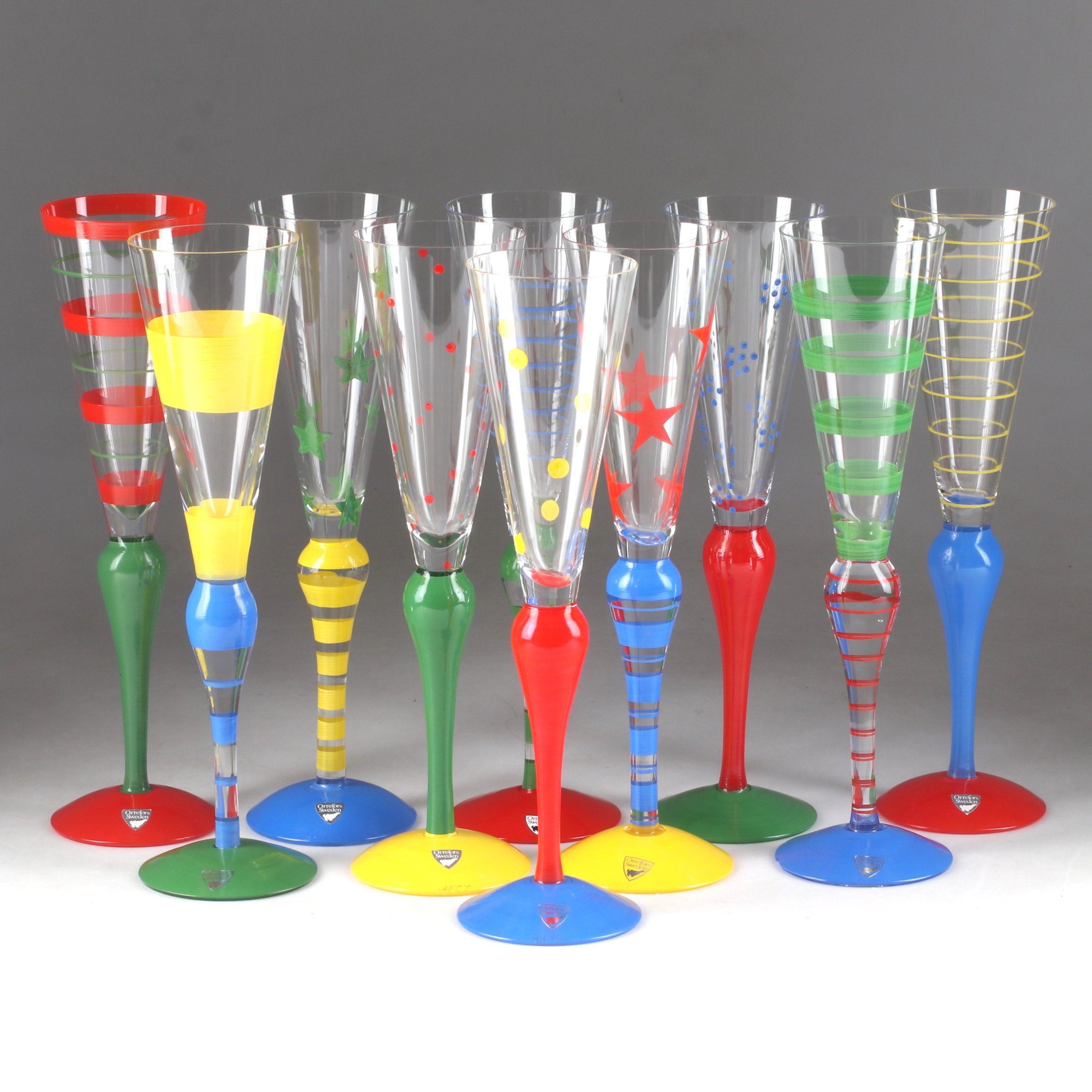 ANNE NILSSON. Champagneglas, 10 st, "Clown", Orrefors.