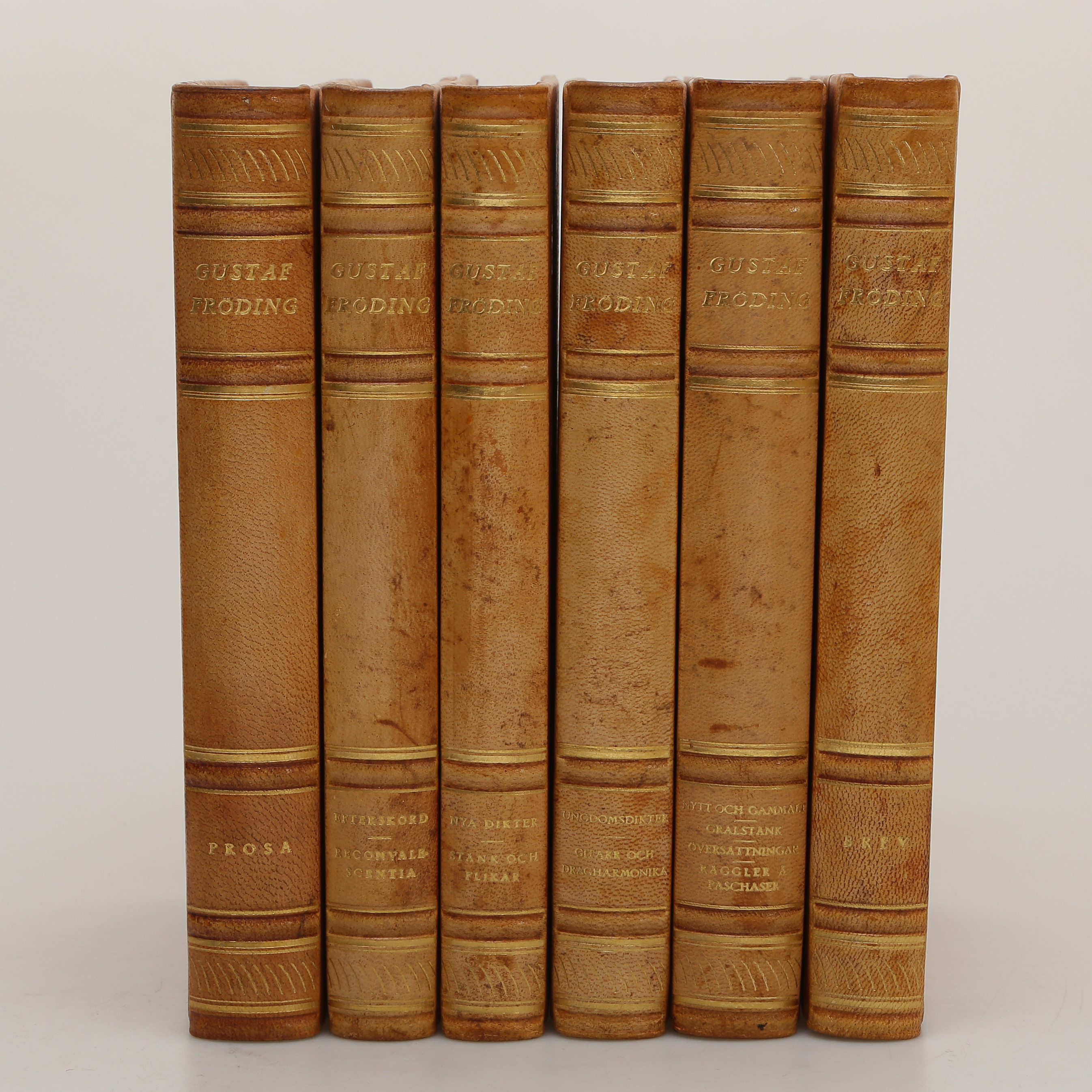 GUSTAF FRÖDING (1860–1911) 6 BAND/BÖCKER "PROSA, EFTERSKÖRD, NYA DIKTER, UNGDOMSDIKTER, NYTT OCH GAMMALT, BREV".