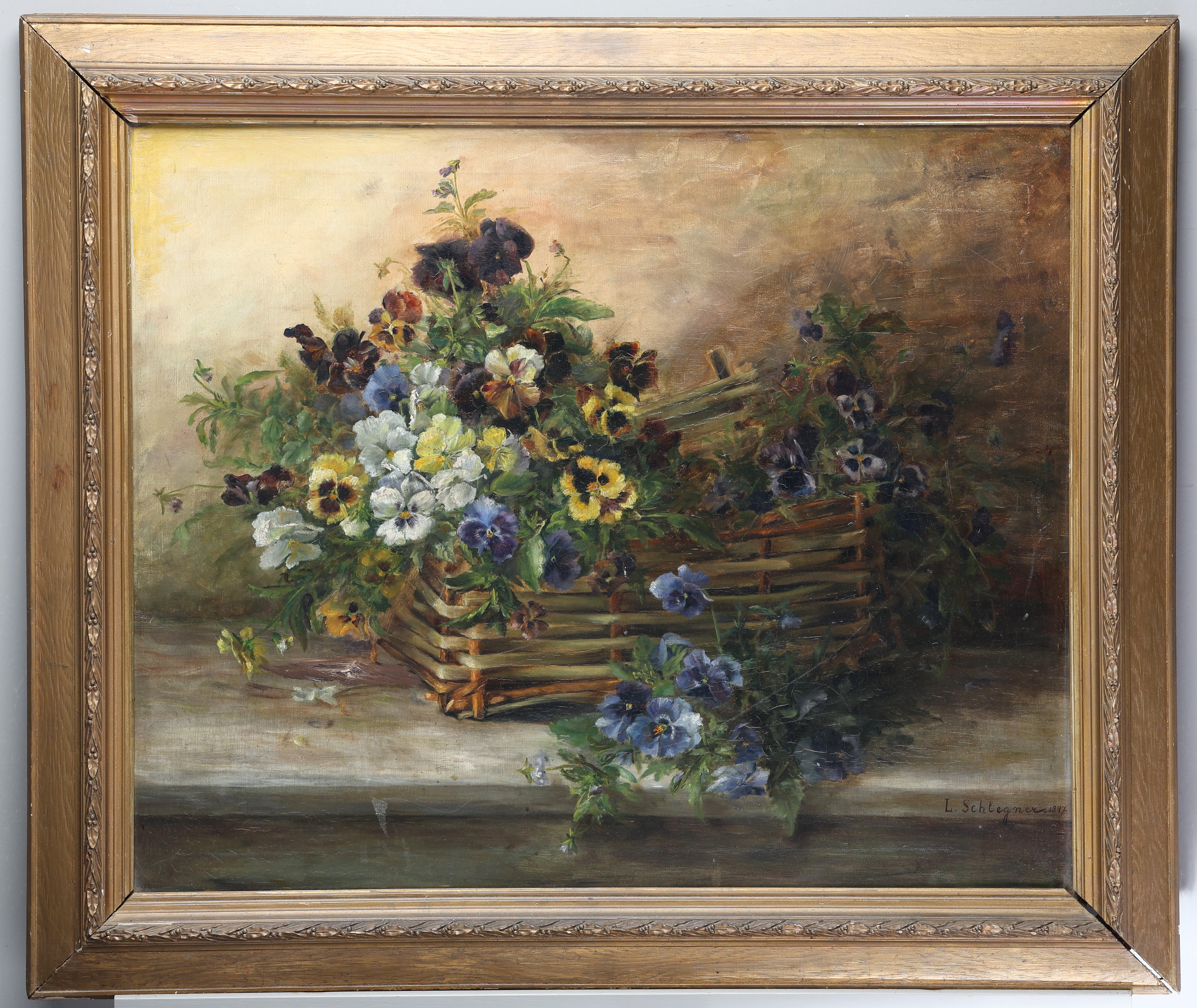 OIDENTIFIERAD KONSTNÄR. Olja på duk, blomsterstilleben, signerad L. Schlegner, daterad 1897.