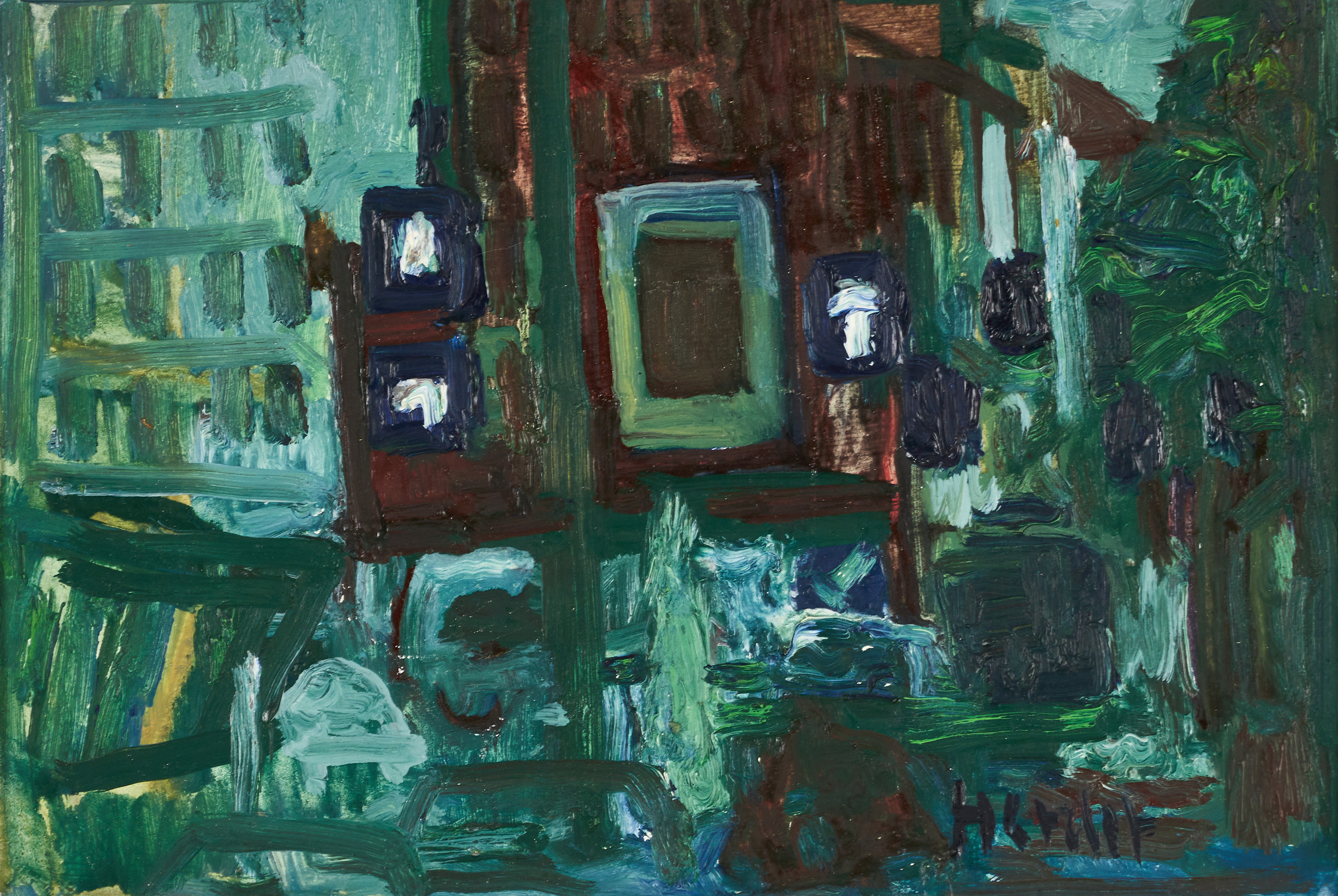 OIDENTIFIERAD KONSTNÄR, komposition, signerad, olja på pannå.