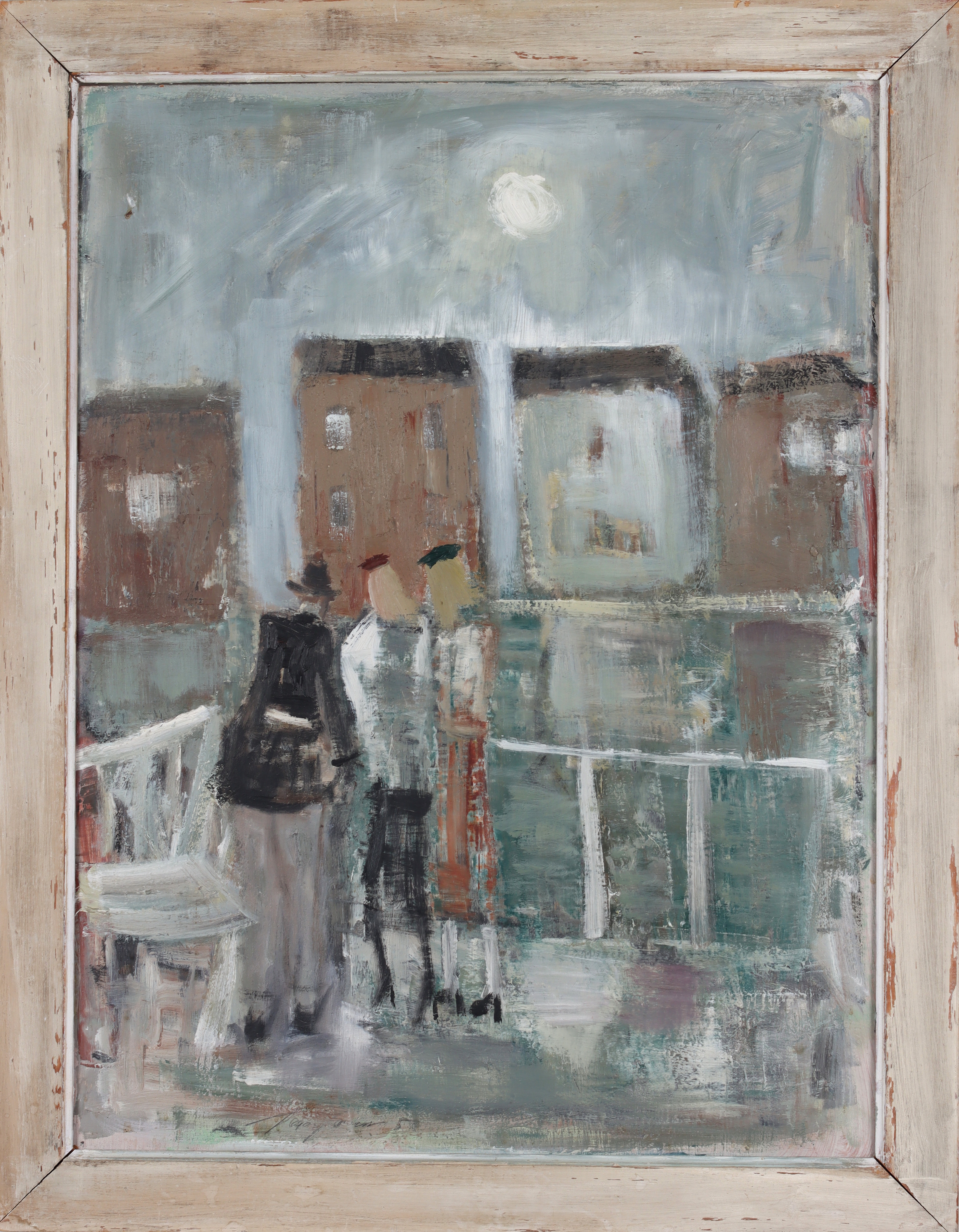 OIDENTIFIERAD KONSTNÄR. Kvinnor på balkong, olja på pannå, signerad och daterad -50.