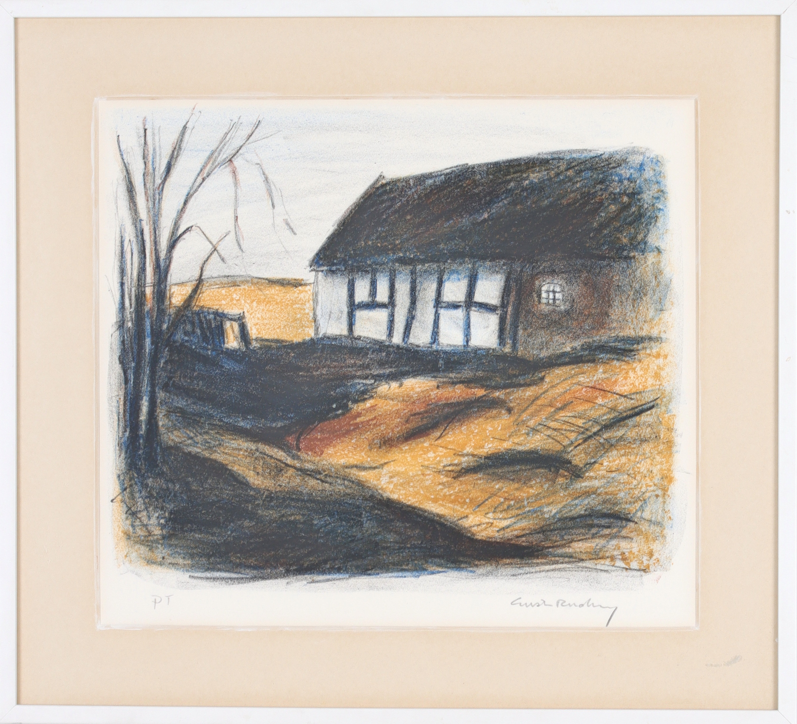 GUSTAV RUDBERG. Skånelänga, färglitografi, signerat provtryck.