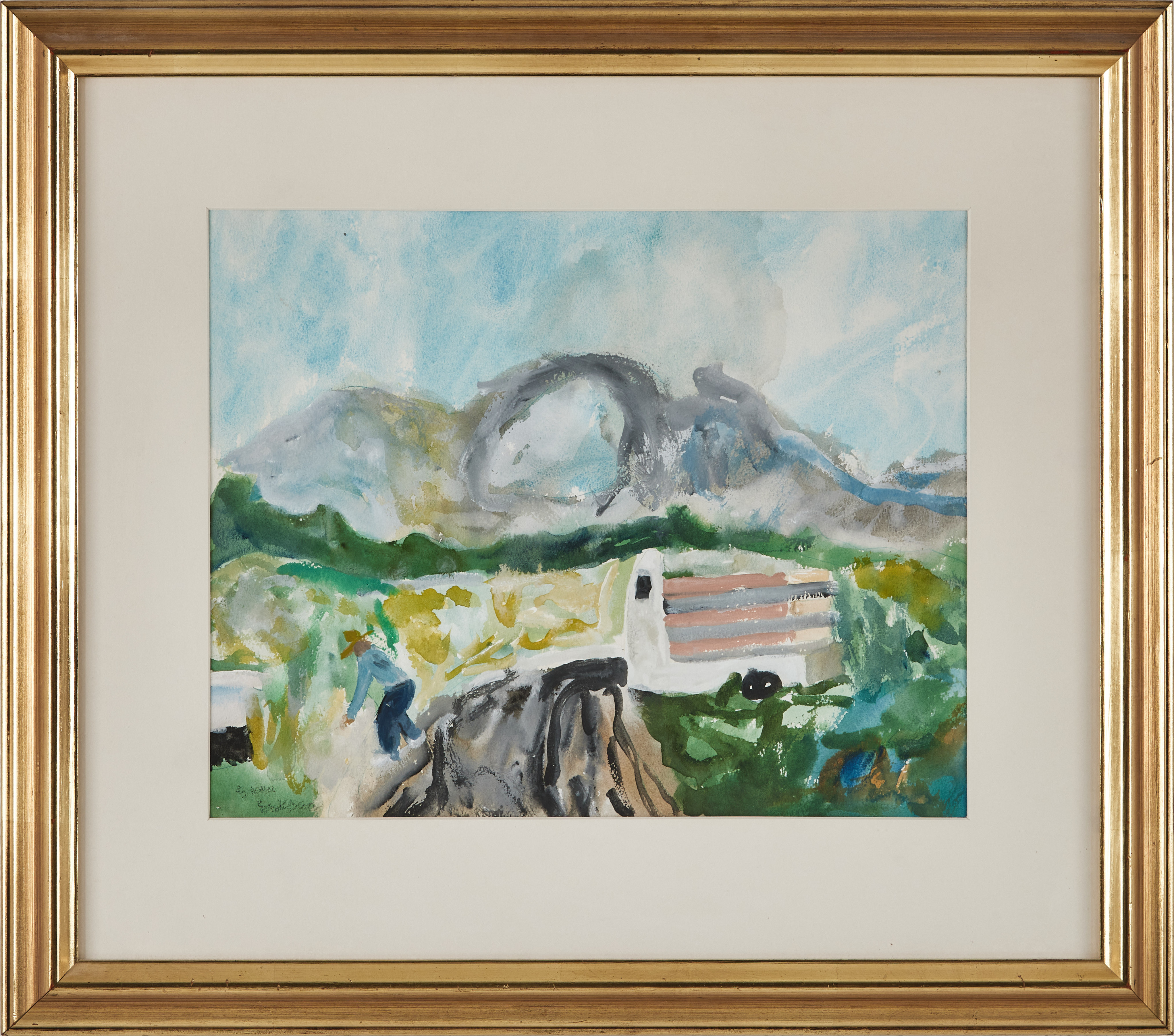 SVEN ERIXSON. man vid väg, akvarell på papper, otydligt signerad.