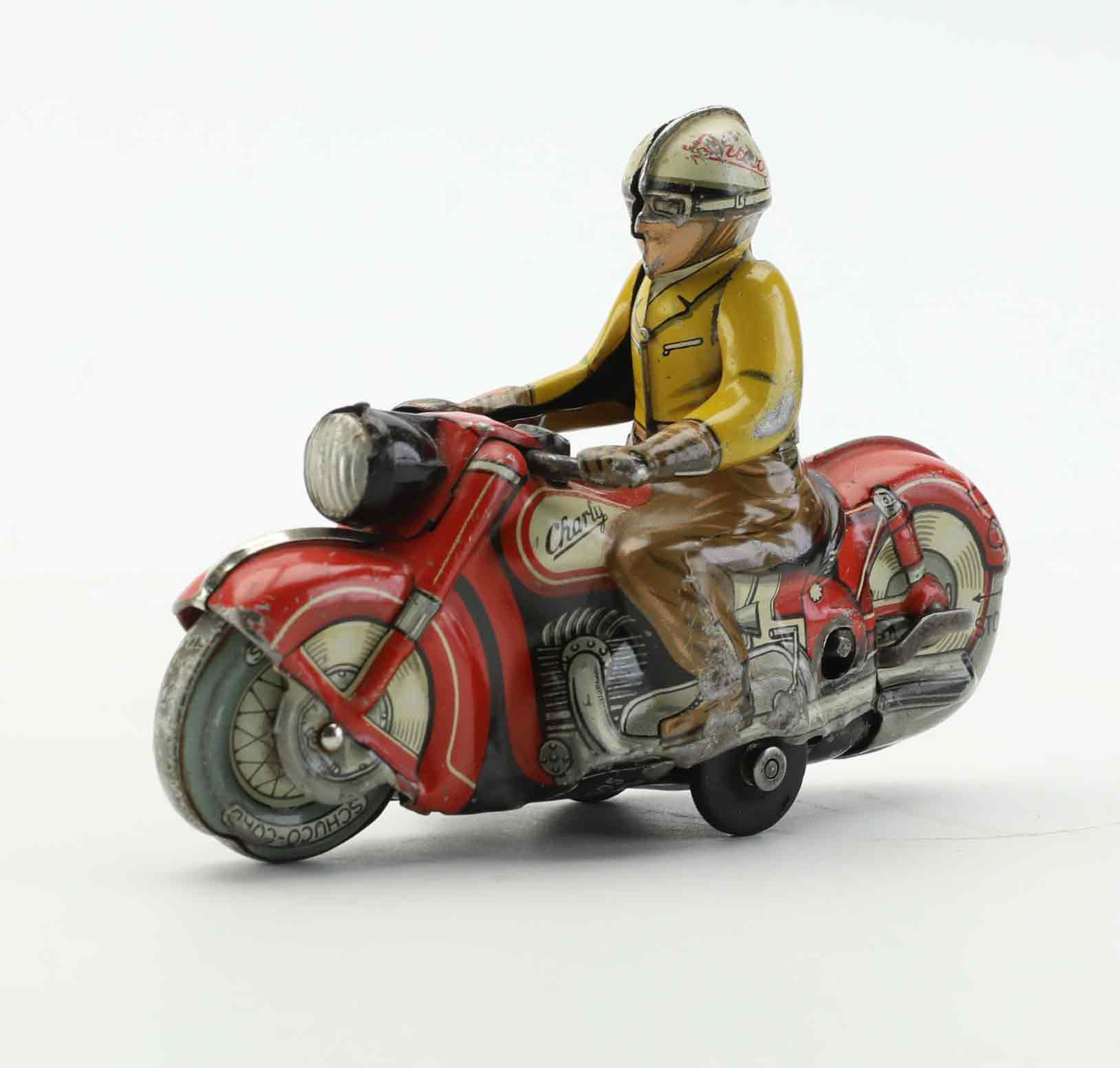 MEKANISK LEKSAK, motorcykel, "Charly 1005", Schuco, US Zone, Tyskland, 1900-talets mitt, litograferad plåt.