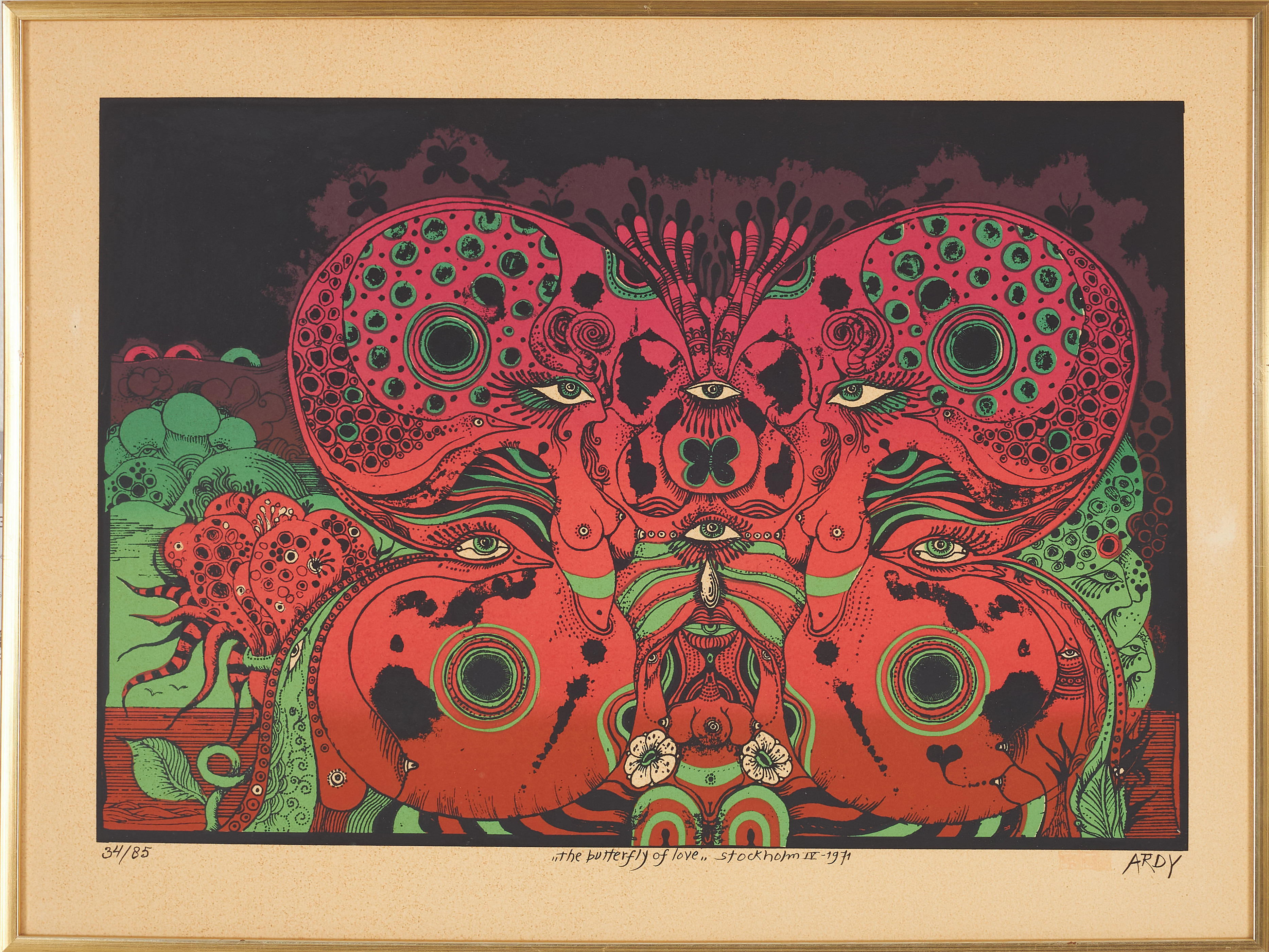 ARDY STRÜWER. "The Butterfly of Love", färglitografi, numrerad 34/85.