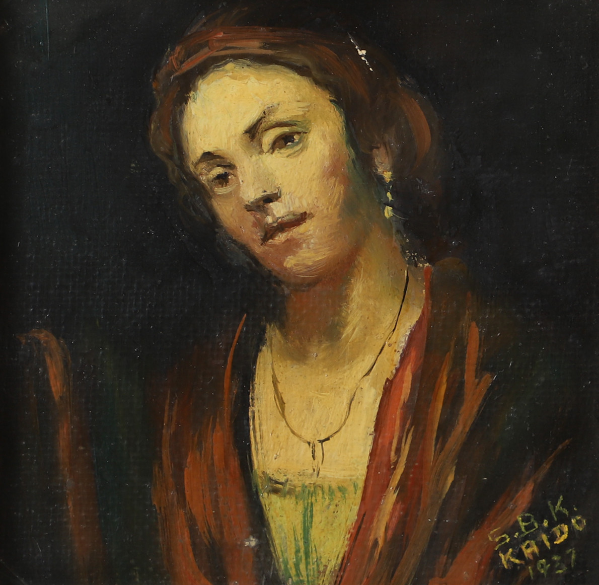 OIDENTIFIERAD KONSTNÄR. Madonna, olja på pannå, signerad S.B.K. Kaido 1937.